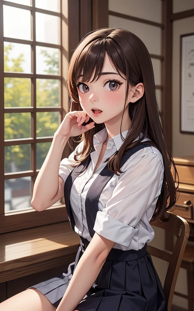 ((Biologically correct limb count))、(( Illustrations including faces))、4K、Masterpiece、((Focus on the face))、((Symmetrical, well-proportioned facial features))、Eyes with delicate depictions、Beautiful woman、Outstanding style、Slender Body、(shirt、High heeledium long skirt)))、On the carpet、((Upper body close-up))、(Looking up、Shy、smile)、((saint))、high school girl、Absolute area、