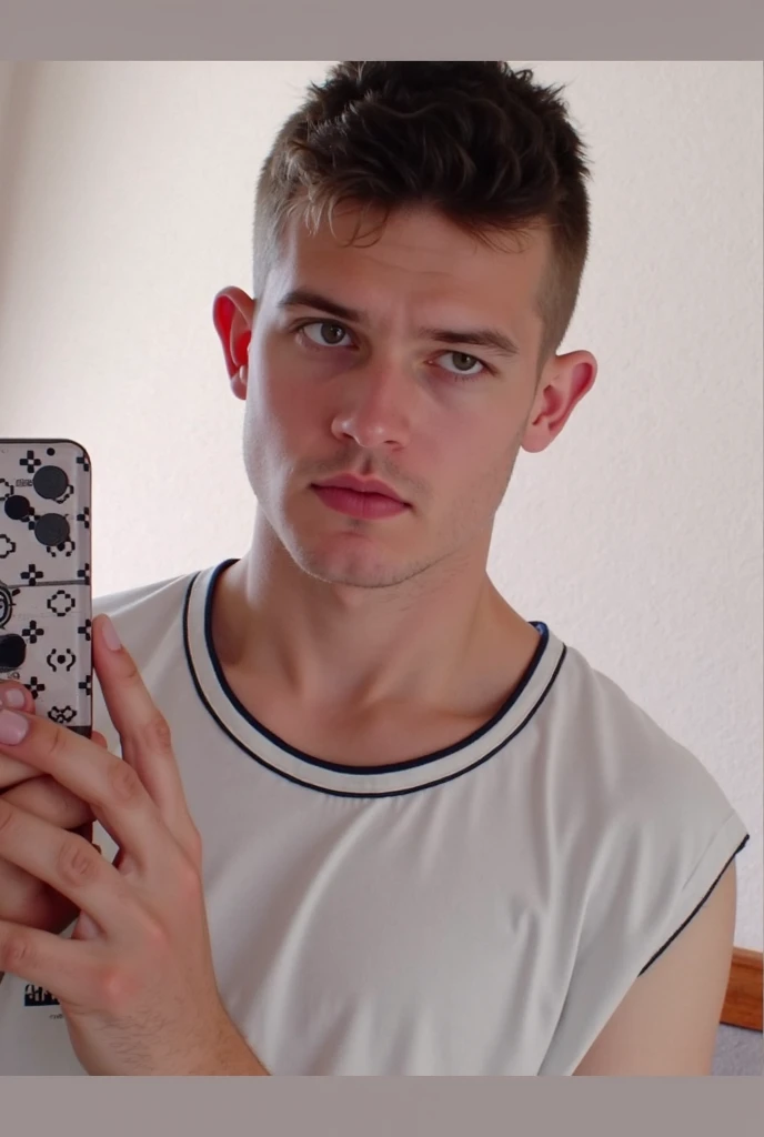 hyperrealistic man Chico Lachowski 18 years old, blonde hair, Blue eyes, in a black T-shirt, take a selfie in bed under the covers. He looks very tired, (short hair), night, very dark, shy smile,  one-handed selfie, skin imperfections, skin imperfections 1.33, sleepy, frank vibes, ((low quality selfie photo))