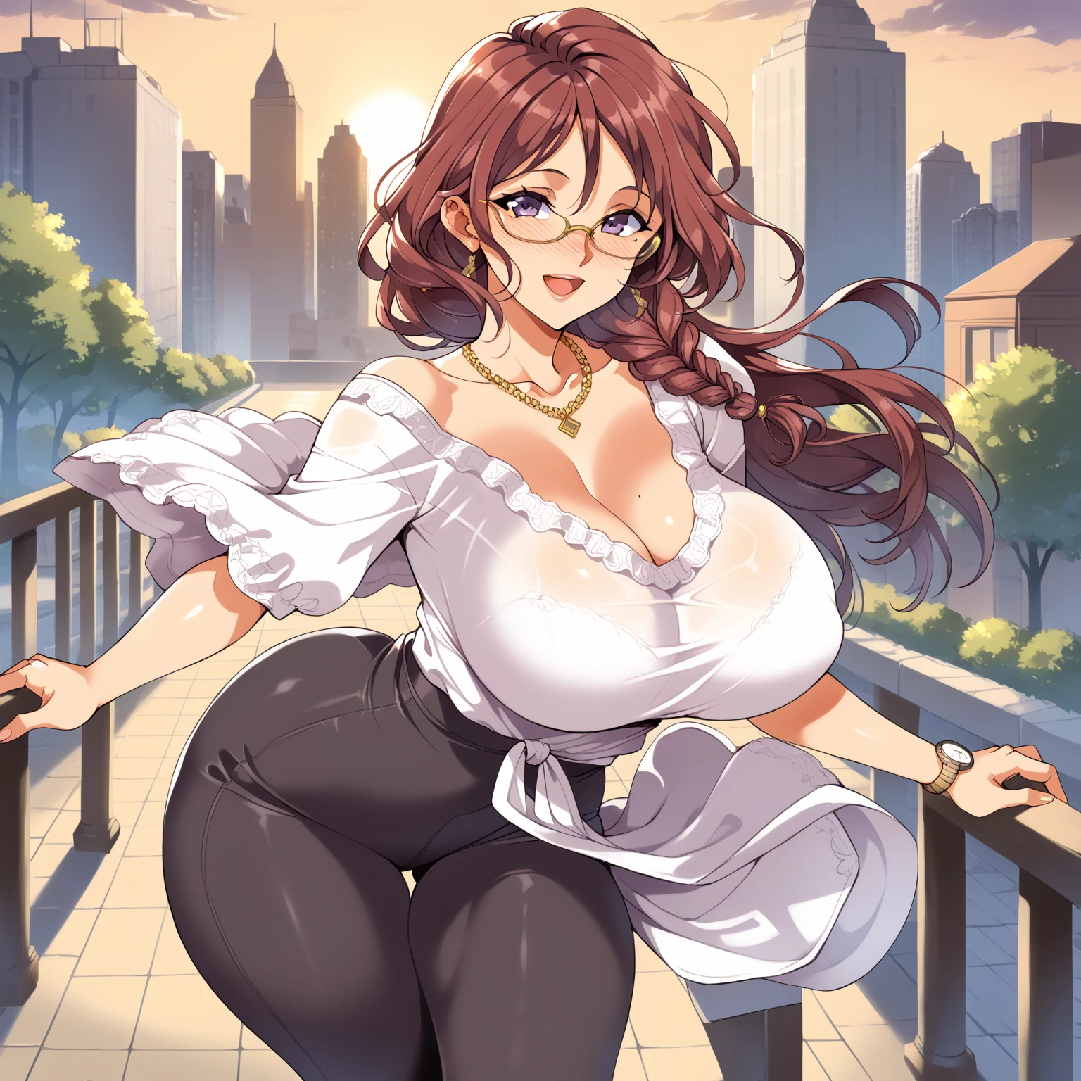 (masterpiece), (best quality), (detailed), (high res), curvy girl with glasses and brown hair, short girl, psychology student, teen girl, slightly pudgy thighs, fashion clothes