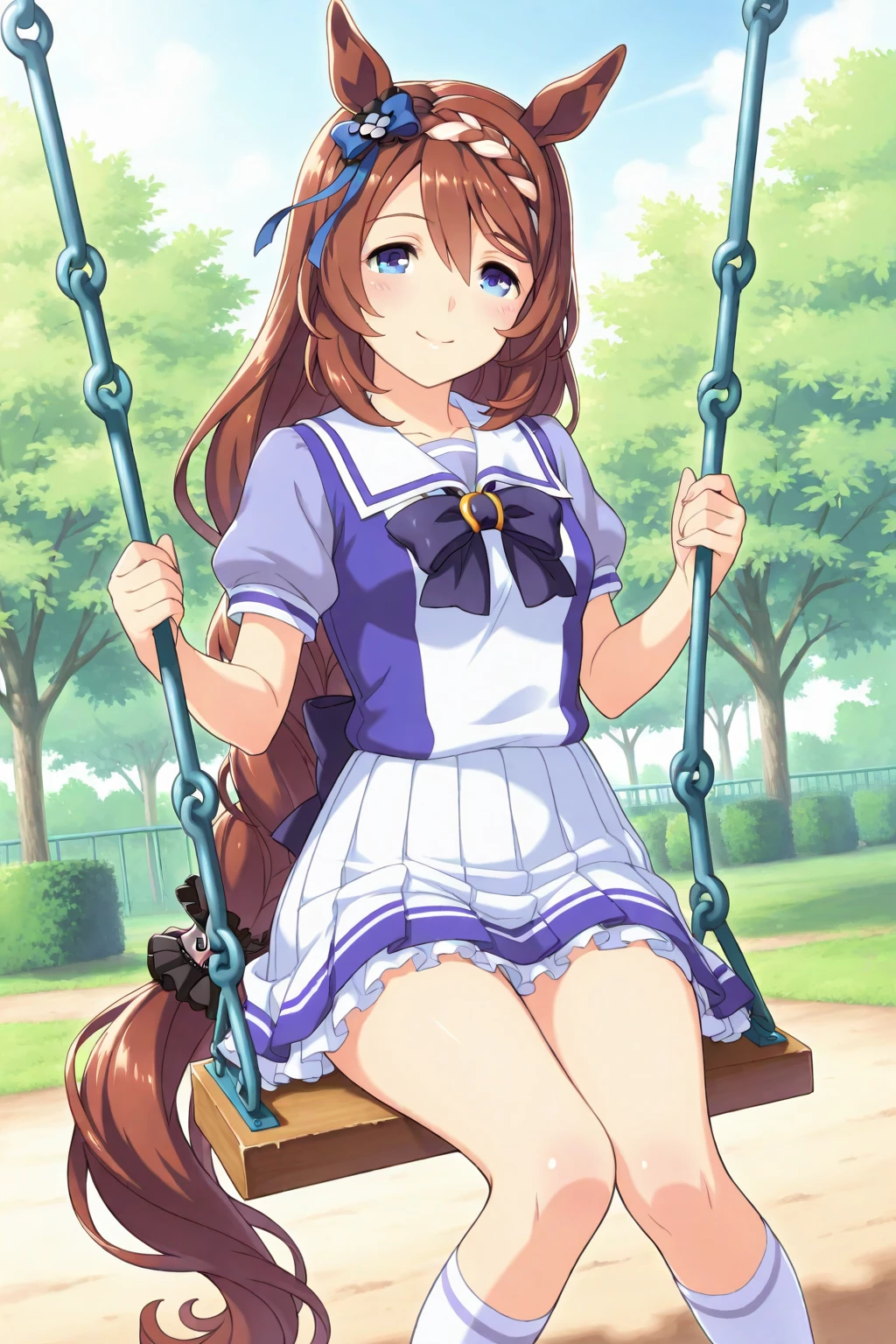 ((日本人のgirl1人、Adult)), ( small)), Braided side tail、masterpiece, 最high quality, high quality, Highly detailed 8K wallpaper,riverside、camp、golden hair、Black cat hair ornament、summer、intense heat、heavy breathing、breathe、Sweat、cute girls、Cute naked apron、Kappogi、Small apron、touch hair、(droopy eyes、small mouth、Mole on collarbone)、small breasts、comb your hair、spreading hair、No modification、(girl、classmate、Squid Belly、Kappogi)、（No underwear）、big breasts、（激しいSweat）、(Women's OL、Cute armpit show、Before menarche、cute thighs、barefoot、T-back）、（mini skirt:0.3）、(troubled face、Grinning face、condescending face）、（On a date、Sit on the playground equipment）、（lean forward）、Life-size、The camera is a little lower、cross your legs、Skirt flip、Wind、panty shot