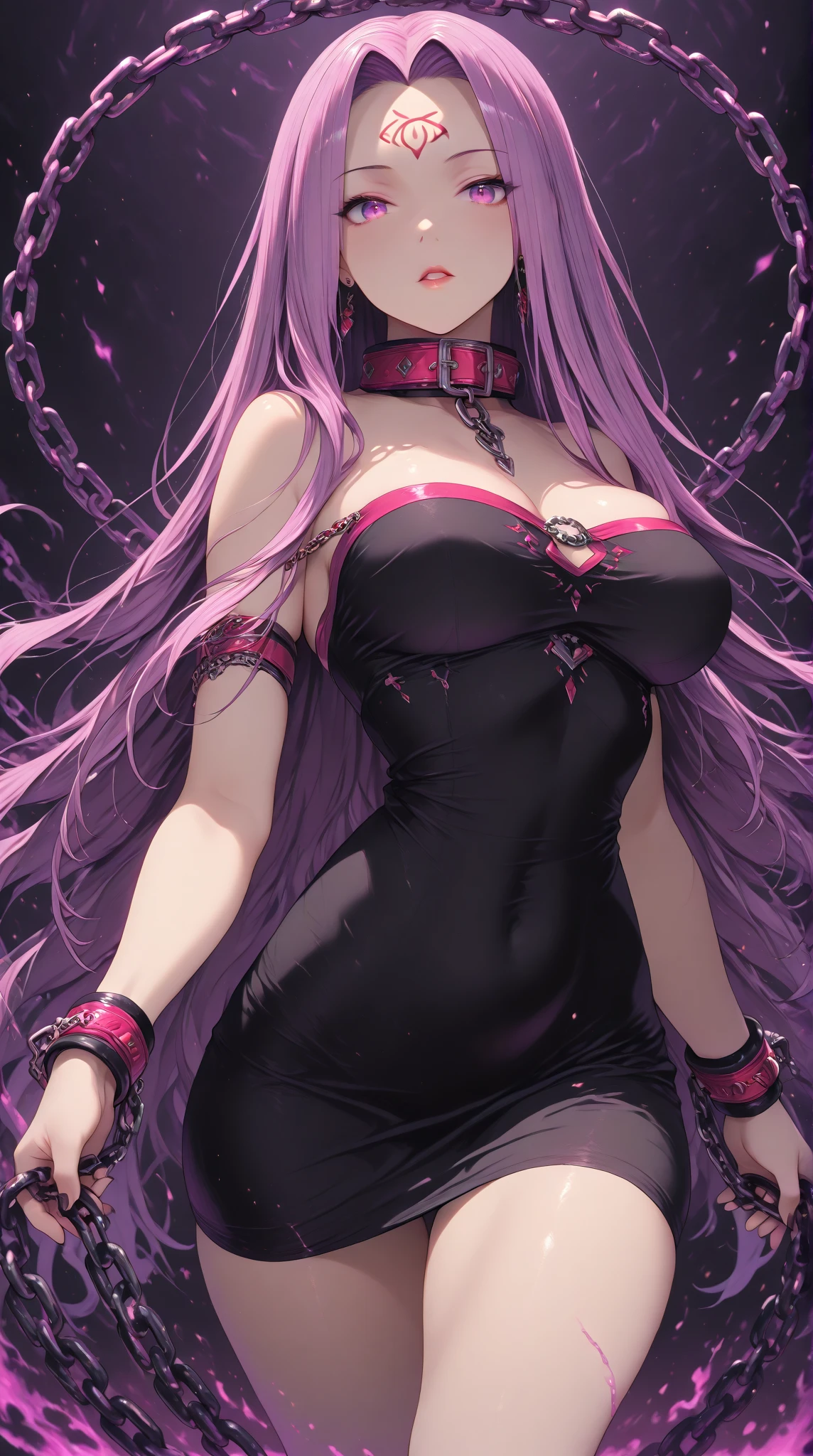 best quality, masterpiece, highres, solo, {medusa_fgo:1.15}, long_hair, purple_hair, very_long_hair, purple_eyes, breasts, large_breasts, 1girl, dress, facial_mark, forehead_mark, strapless, strapless_dress, cleavage, detached_sleeves, bare_shoulders, collar, black_dress, chain, looking_at_viewer, weapon