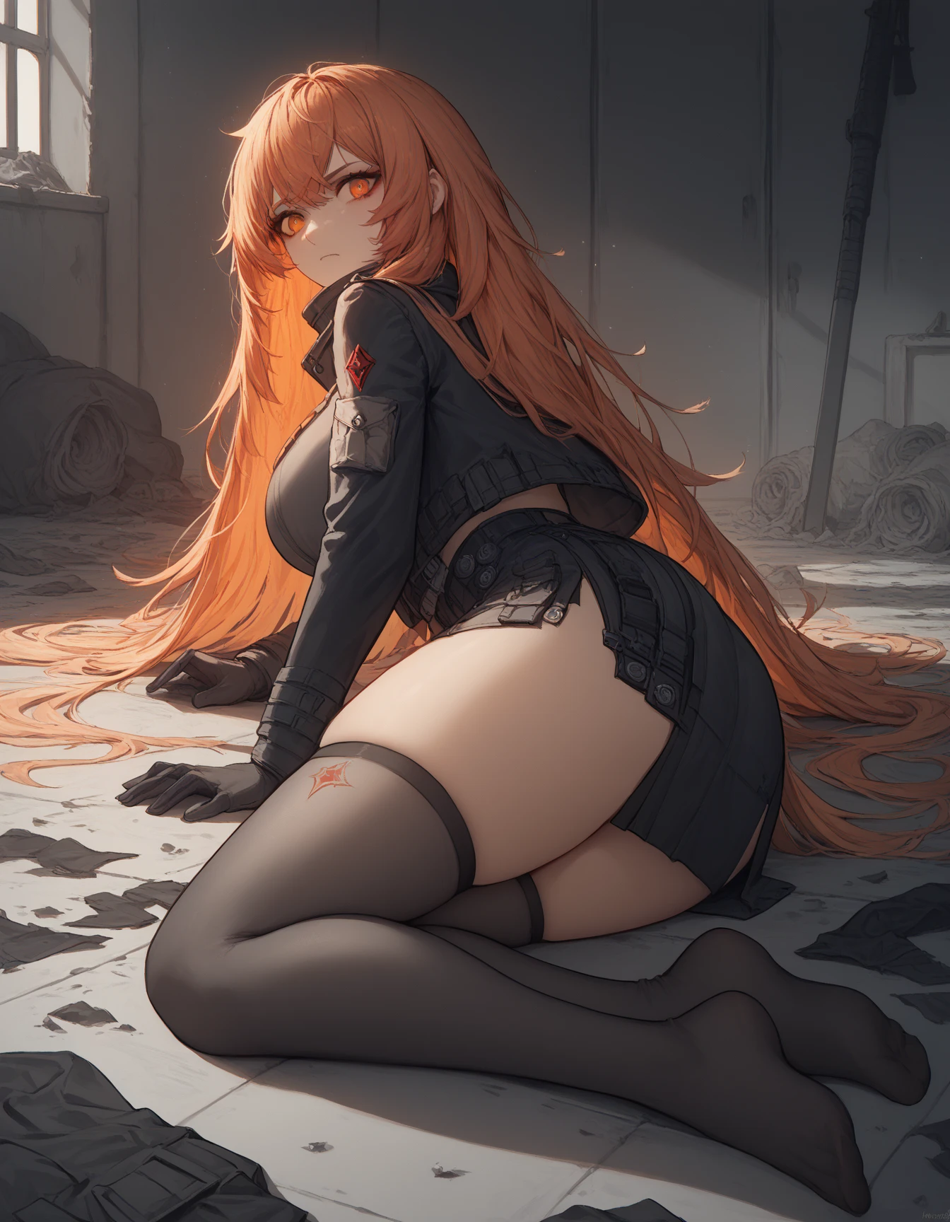{{masterpiece}}, {{{Highest quality}}},{{Very detailed}}, ,{{blushing with anger}},{{v-shaped eyebrows}},{{figure}},{{tall}},{{Adult female}},｛{all fours}},{{On all fours},{{from behind:1.6}},{{ass}},｛profile｝,buttocks,{{white blouse}},{{Long sleeve mini skirt uniform}},{{suspenders}},}}{}},{fighting}},{},{in the midst of battle}, ,{{}},,{{{,,Slender body}}{{}},,,,suspenders　,Long sleeve mini skirt uniform, White High Socks,Black fingerless gloves, Long Red Hair,,Straight hair ,Blunt bangs, holster, loafer,,blush,,raise one's eyebrows,Grit your teeth,suffering,v-shaped eyebrows.,Sweat dripping,Medium chest ,get annoyed,,slums,,