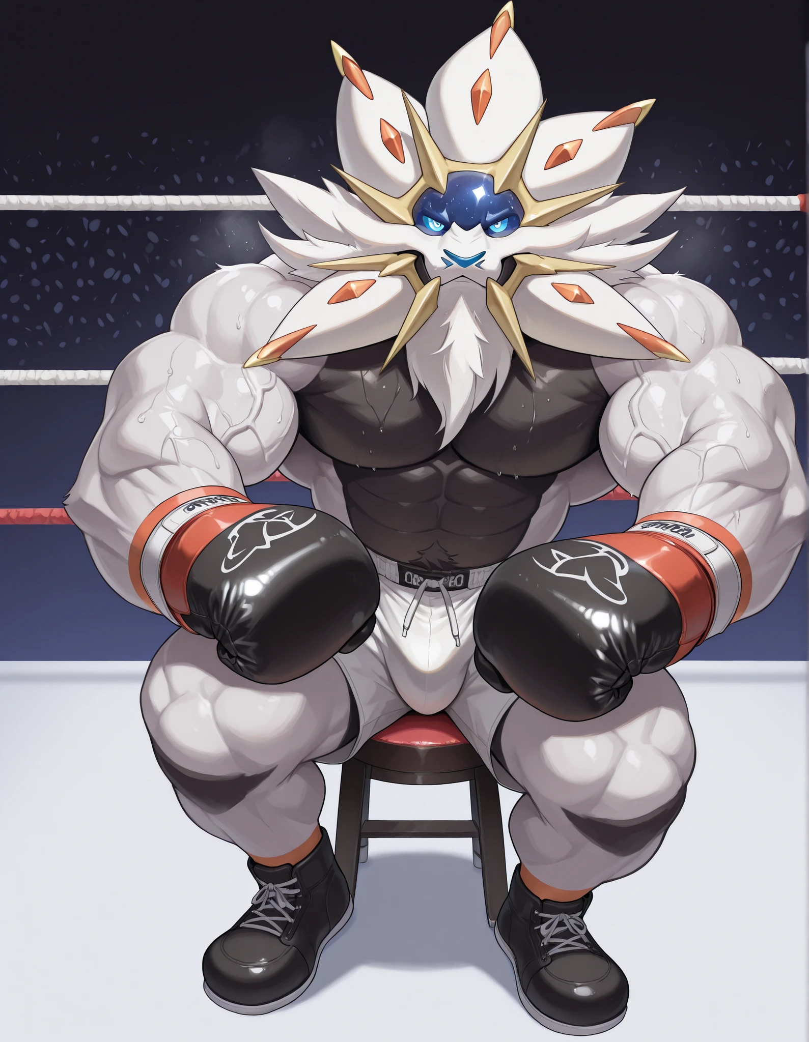 Solgaleo, anthro male, high quality, full body, looking at viewer, solo, boxing ring background, red boxing gloves, thick very veiny arms, rugged muscles with protruding veins, white boxing shorts, black boxing shoes, heavyweight boxing champion, glistening fur, sweaty, brutal expression, steam, sitting on a stool, brutal eyes, gear up with fighting spirit, shirtless, rest your elbows on the ring rope, b0xingp0v