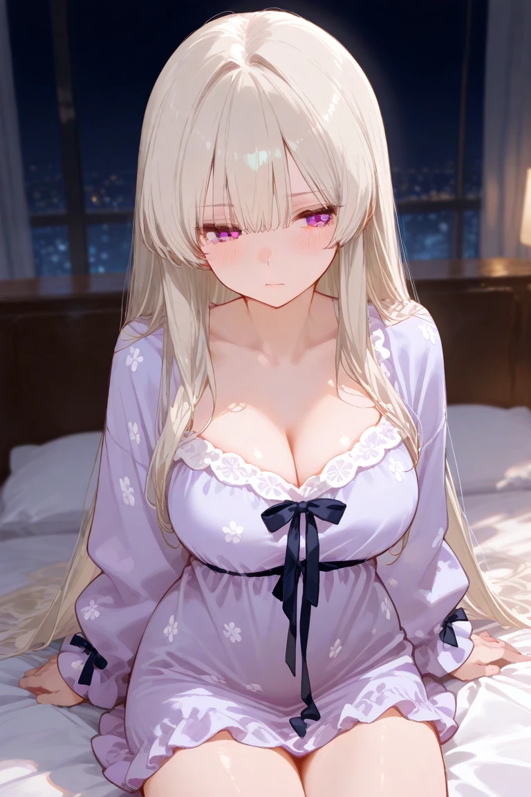(masterpiece), (high quality), (8k resolution), (best quality), (masterpiece:1.5), (realistic:1.5), ((anime)), vibrant details, 1girl, (cute:1.2), beautiful, high-quality and detailed face, perfect face, (white hair And light pink hair:1.4), rosy cheeks, detailed eyes, (blue eyes),colorful eyes,(watery eyes),nsfw,, slender body, looking at viewer, closed mouth, shiny skin, big breasts, cleavage, ((school uniform)), sitting, bed,