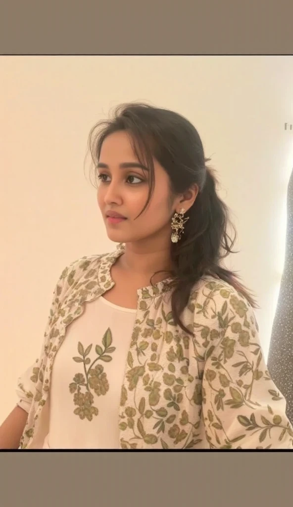 a photo of a cute 30-year-old woman, dglattev2_TI, professional portrait photo,Chin scratch of contemplation look on face, high neck Ivory Palazzo Suit, high ponytail and bangs, soft lighting, solo, night time, city bokeh lights