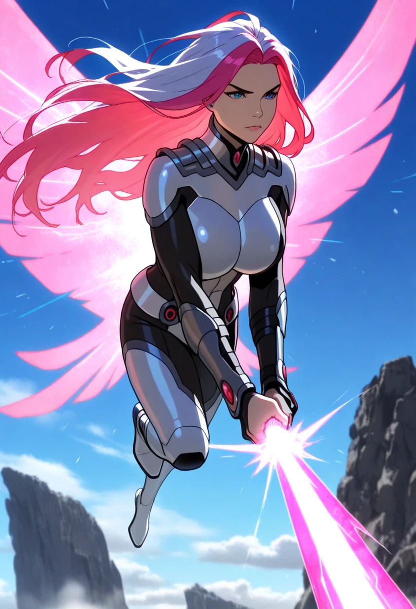 Close-up,highest quality, ultra detail, High quality CG drawing, The most delicate and beautiful, Floating gently, High resolution, (1 girl), (Highest image quality,4K,8K,masterpiece:1.2) ,(pink hair:1.6),(long hair:1.5),pink eyes,slightly shorter stature,(No expression:1.5), (ultra girl :1.0), (silver and red ultraman bodysuit:1.5),(Turn your back to your audience:1.3),butt,put both hands on hips