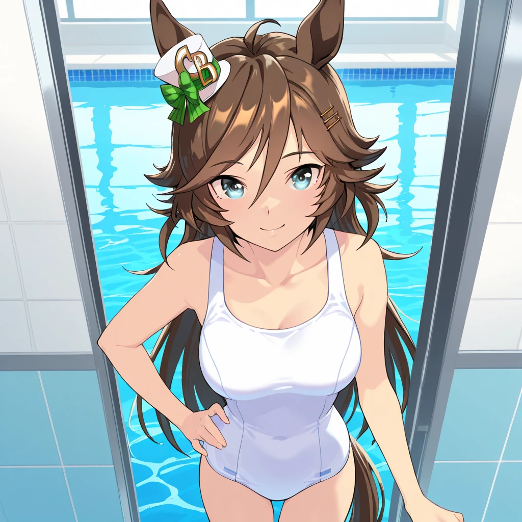 (fluffy anthro furry :1.6),cat girl,dark brown long hair,wavy hair,gold body fur,gold fox ears,pubic fur,neck fur,armpits fur,golden sun light,light and shadow,beautiful swimming pool,white bikini with white skirt,small bell collar,flora hairpin,full face blush,very hot,horny face,smile,open mouth,close eye,heart eyes,looking at viewer,legs in water