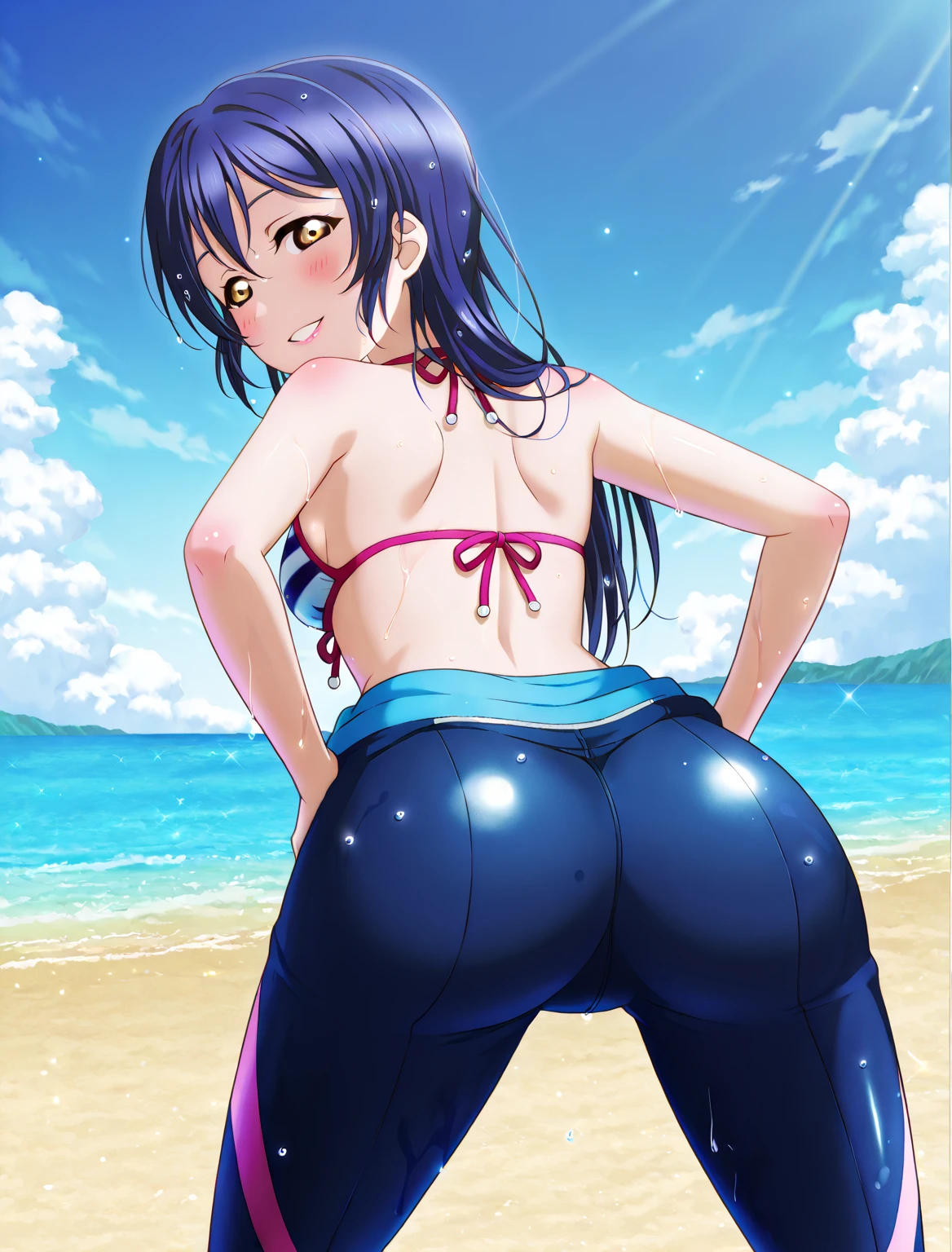 cowgirl's massive rear butt cheeks from behind out of bottomless spaghetti strap tank top out bare and wet boots spreading her legs, gloved hands hidden behind head, sunglasses
