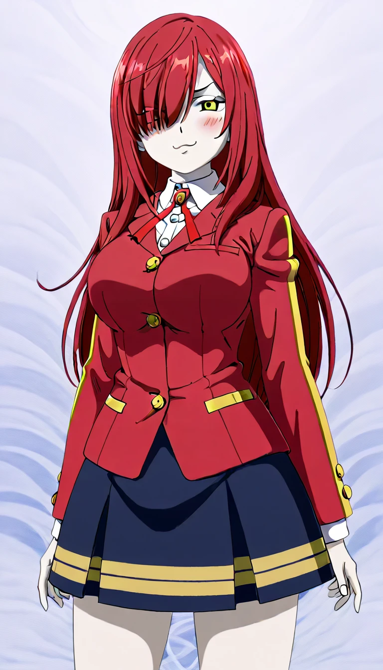 beautiful illustration, (flat anime:1.1), SFW, One active girl standing with hands on hips in outdoor with big breasts with proud face, navel,, covered nipples, outside,
 <lora:kircheV1:0.6>,kirche,large breasts,kirche,dark skin,red_hair, cape, cleavage, long hair,brwon_eyes, large breasts, dark-skinned female, hair over one eye,  school_uniform, thighhighs, pentacle,thigh boots,skirt,