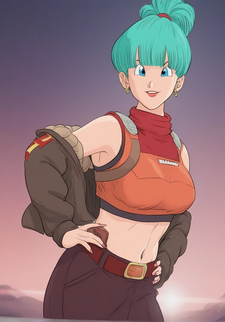 score_9, score_8_up, score_7_up, score_6_up, BREAK Bulma, medium breasts, evil smirk,one hand on hip, sweating, in a desert, looking at viewer