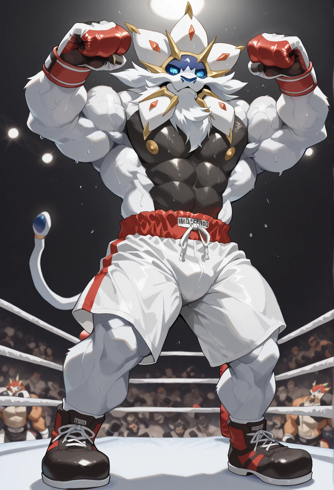 4K, masterpiece quality, pov_boxing, Looking down on the losers with brutal triumph, black boxing shoes, red boxing gloves, white boxing trunks with red side lines, full body, depth of field, boxing, dynamic victory pose, fist pump pose, boxing ring background at midnight, Solgaleo heavywait boxing champion, magnificent mane, gay, furry male, he flexing his thick arms,bulging heavy muscular, thick veiny heavy muscles, brutal looking down on loser, brutal expression, brutal eyes, large pectorals, sweaty body, Angle of the loser looking up from directly below, wearing red boxing gloves,