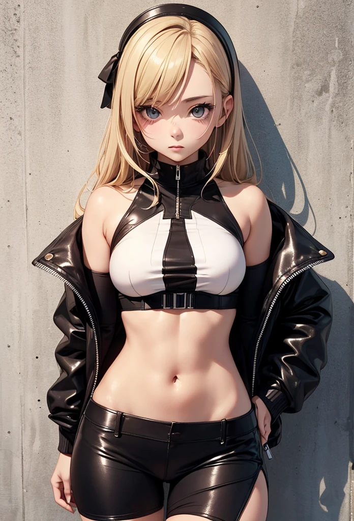 optimum，tmasterpiece，A high resolution，Best quality，hyper HD，super detailing，Award-Awarded，16k，独奏，（（upper part of body）），（（Broken）），Anatomical correct，Beautiful cyberpunk girl，Cute face，，Gradient Beige Hair，Hairline，（（Dark golden eyes）），long eyelasher，Hanging corners of eyes，Fair skin，（small boobs），（slim），（（Women's extra short shawl leather jacket）），（（goth style，racer_Bitchsuit）），（（）），ear studs，（Neck strap），（Laser material clothing：1.2）