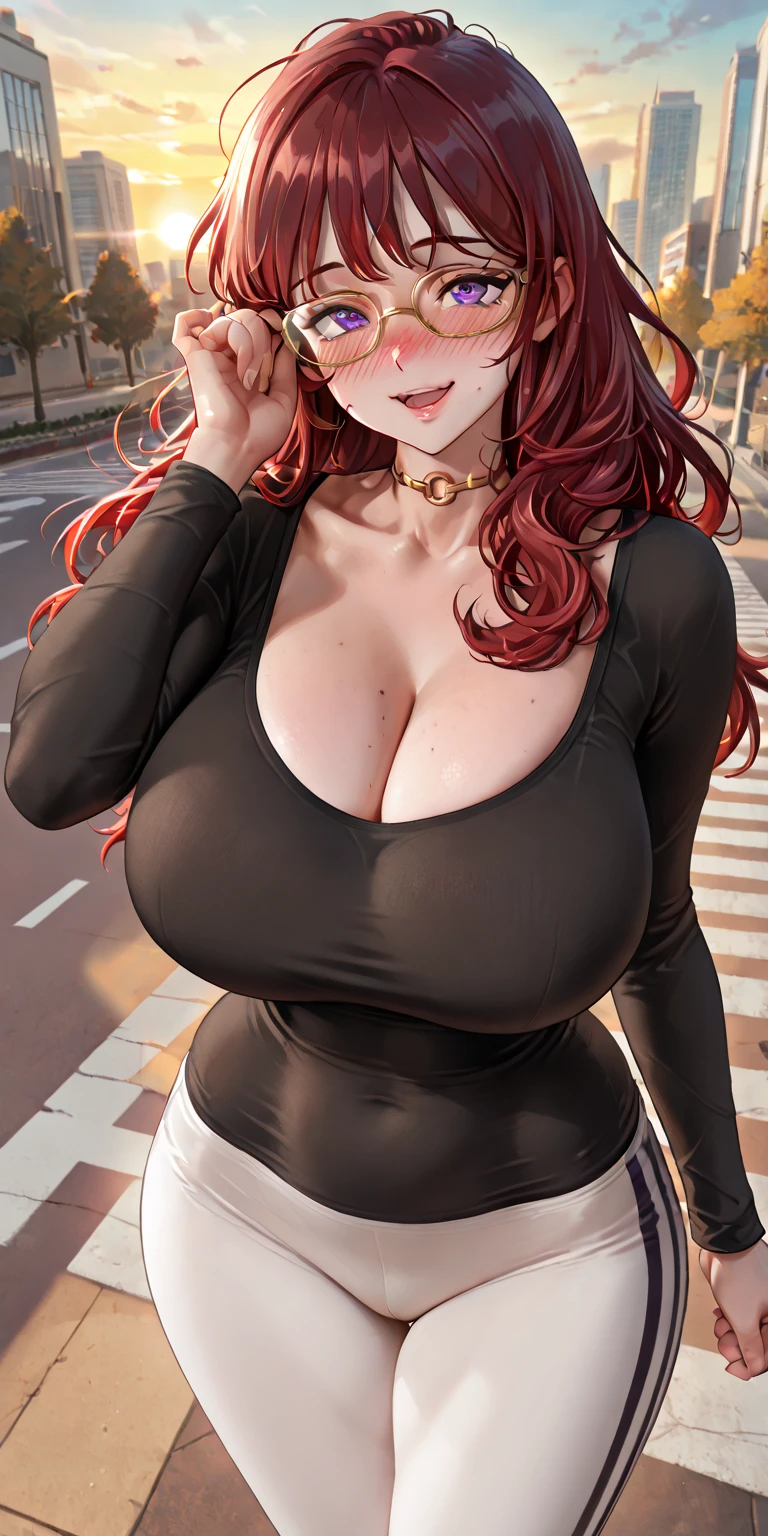 2 heads, a tall skinny woman with 2 heads. In a park on a sunny day. Wearing a tight bikini top, wearing ripped leggings. Gorgeous face. Cute. Happy. Smiling. Mature. Flirty. Goth. Long straight red hair. Touching breasts. Seductive. Thick thighs. Slutty. Girlfriend. 2 heads. Conjoined. Aroused. Horny. Big breasts. Thick eyeshadow. Massive breasts, huge fake breasts.