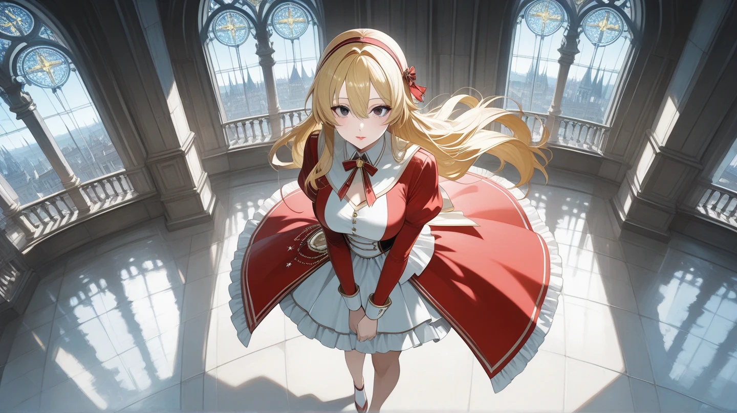 Beautiful blonde with tied hair, blue eyes and big breasts,red headband,cleavage,golden armor,red dress,long skirt,Bare Legs,Standing,red sword,red rose petals,flame