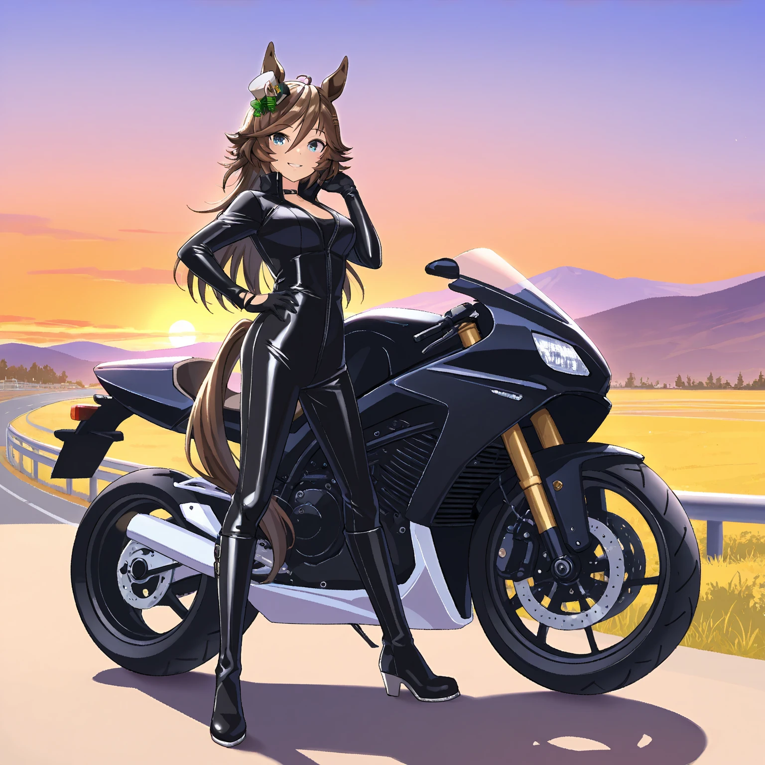 Anime anthro style, a captivating, sexually attractive wolf adorned in leather, confidently perched atop a gleaming motorbike. Her shimmering fur, a rich, ochre hue, ripples in the wind, her amber eyes gleaming with an undeniable allure. Her mane, a cascade of dark, shining locks, drapes over her broad shoulders as she gazes intently at the viewer, a smirk playing upon her lips. She dons a form-fitting black leather jacket, the hint of her curvy figure evident beneath, and a pair of tight black jeans. The motorbike roars beneath her, its sleek,
