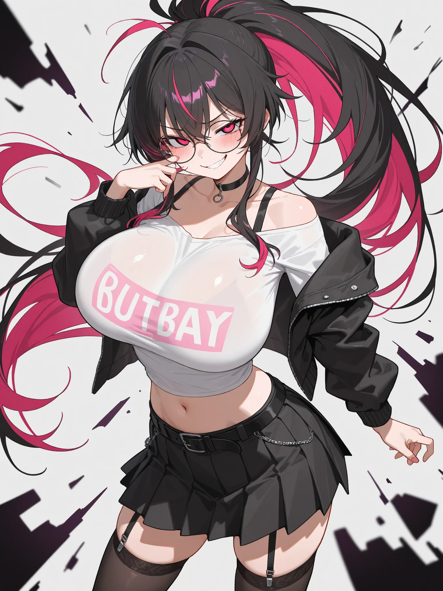 big lips, Brown hair, pink eyes, japanese face, improve, improve grin, two sides up, huge breasts, Wide hips, sexy, detailed, pink room, Hits, (evil smile1.4), kawaii, pleated skirt, punk, GOOD, Pink and black suit, plaid skirt, punk shirt, choker, punk skirt, punk shirt,navel piercing,sweat