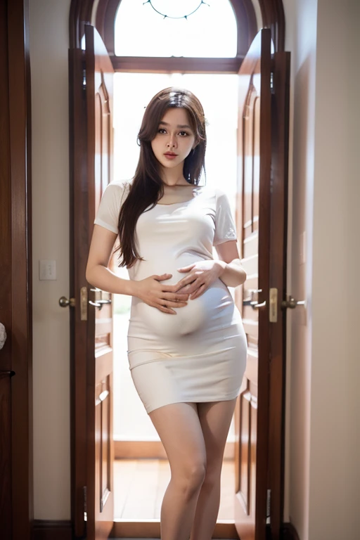 realisticlying, A high resolution, 1 rapariga, long whitr hair, korean people,, Uniform,, upper legs, panties are visible,Pregnant belly, maternity attire for pregnant women,maternity dress,pregnant belly,Pregnant belly