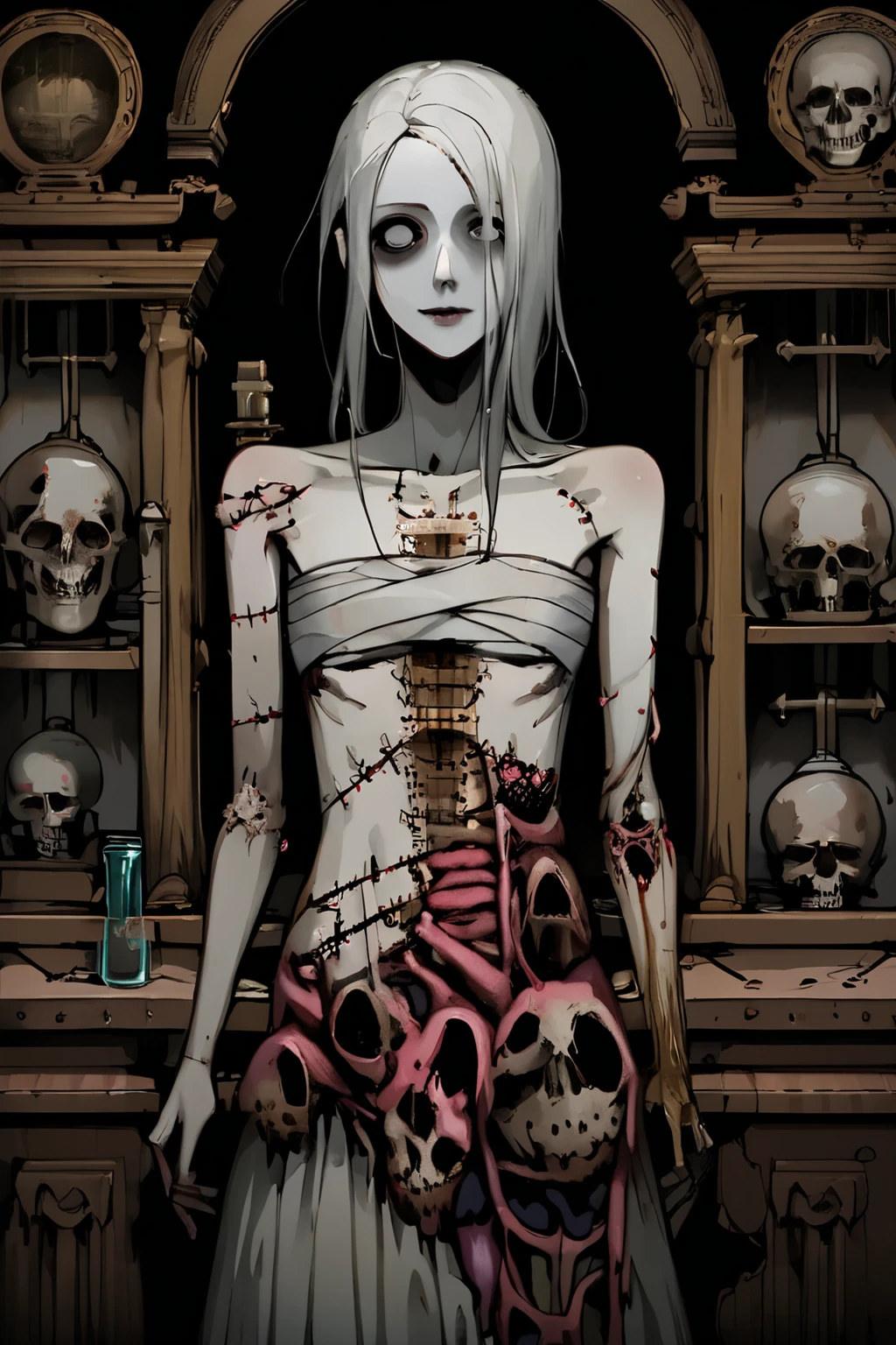((Background made up of chains and ruins))、scribble, nightmare, doll-like face, cartoon style, rough sketch, Horror elements, (masterpiece), (High resolution), (super delicate), (clear), Manga style illustration, (drawing style), Japanese painting, The whole body is scary, (Spooky), Japan sculpture,crazy illustration, flat illustration, Spookyな外観, Characteristic hairstyle, Unique atmosphere、Splattering blood、Beautiful Frankenstein、Small eyes、(flat chest), Mr.々colored hair,Chains wrapped around the body、(A sewn-together body))、They're coming at me.,Skin full of stitches,restrained by thick chains,red bikini
