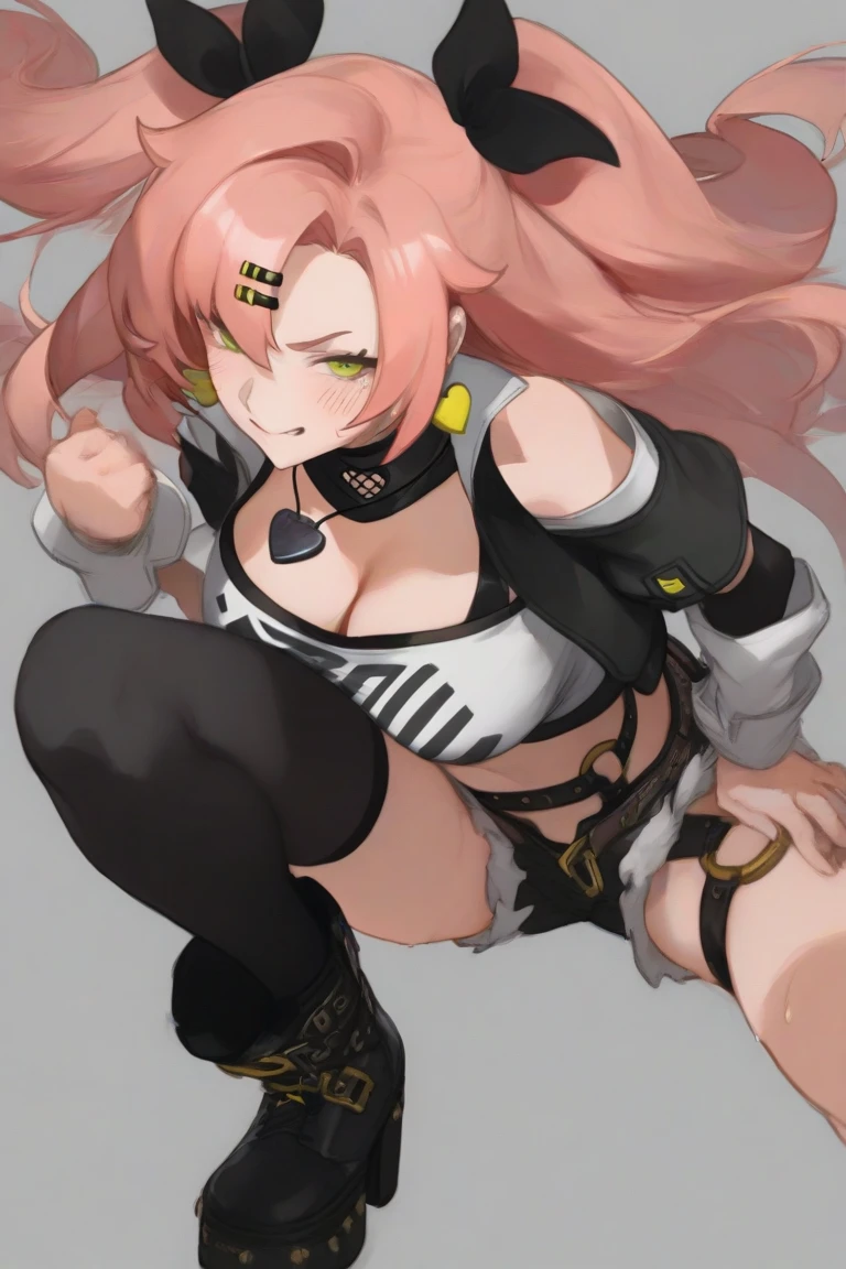 Nicole Demara, Ncle, green eyes, pink hair, long hair, two side up, hair ribbon, hairclip, mole under eye, tube top, black jacket, heart choker, midriff, micro shorts, single thighhigh, thigh strap, shoulder cutout, long sleeves, earrings, jewelry, curves, Big Breasts, nude, red gag, Blushing, frowning, Bondage and BDSM, Whole body, kneeling position on the floor, Ball Gag, red gag, Arms behind back, arms tied, bdsm, bondage, bound, bound legs, shibari, rope, spread legs, barefoot, arms behind back, bondage shibari, saliva, drooling, excessive saliva, pussy vibrators, Takate Kote, Panting, ((Blindfolded eye, Blindfold around the head )), Cat position, Nipple piercing, Nanao Yukiji style,