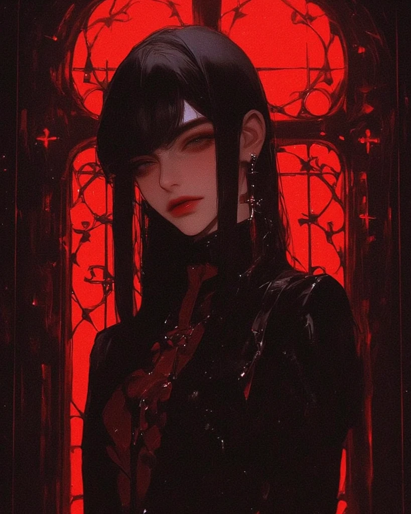  tall woman, long black hair, red and black women&#39;s SUIT, black pants, belt with chains, rose covering one eye, elf ears, series A, red eyes with thin pupils