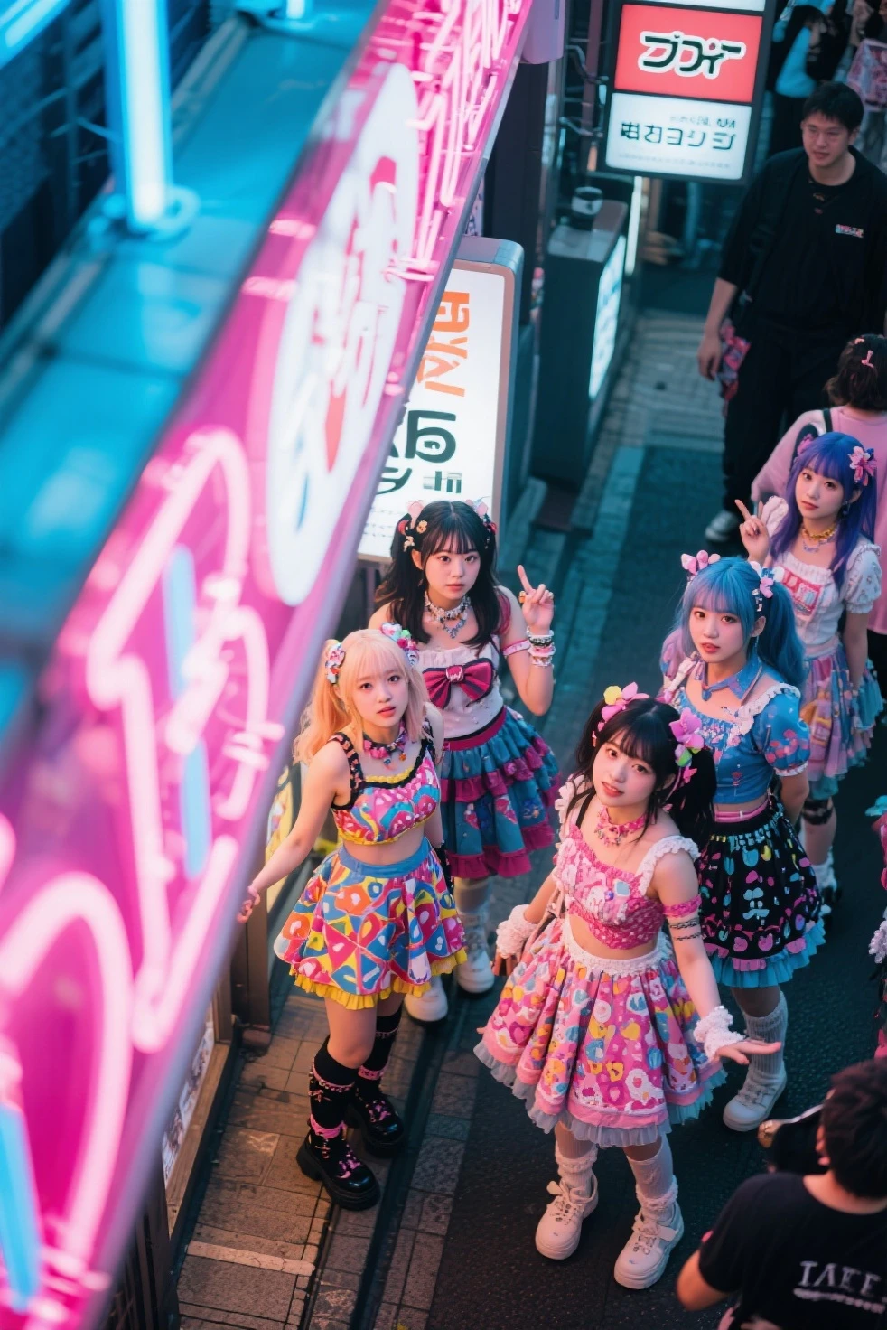 ((best quality, masterpiece, absurbres, super-resolution)) multiple people squeezing for a selfie, laughing, music festival, Coachella, sexy and cute outfits, colorful hair, rainbow hair, polaroid photo, official art, lomo