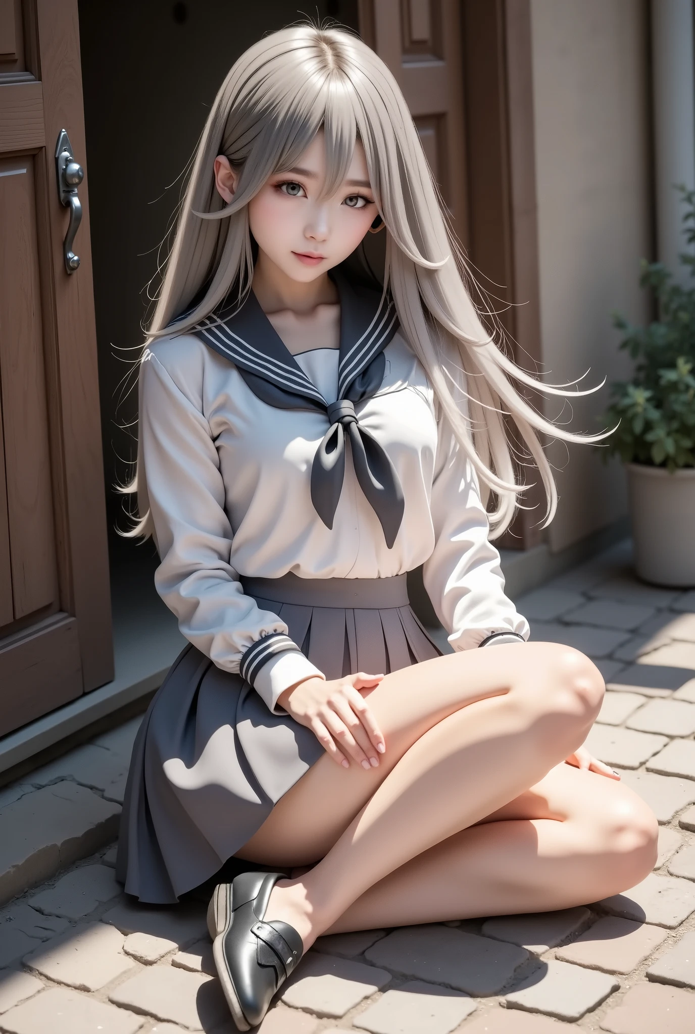 photorealistic, high resolution, 1women, solo, hips up, look at viewer, (detailed face), white hair, long hair, school uniform, skirt, stockings