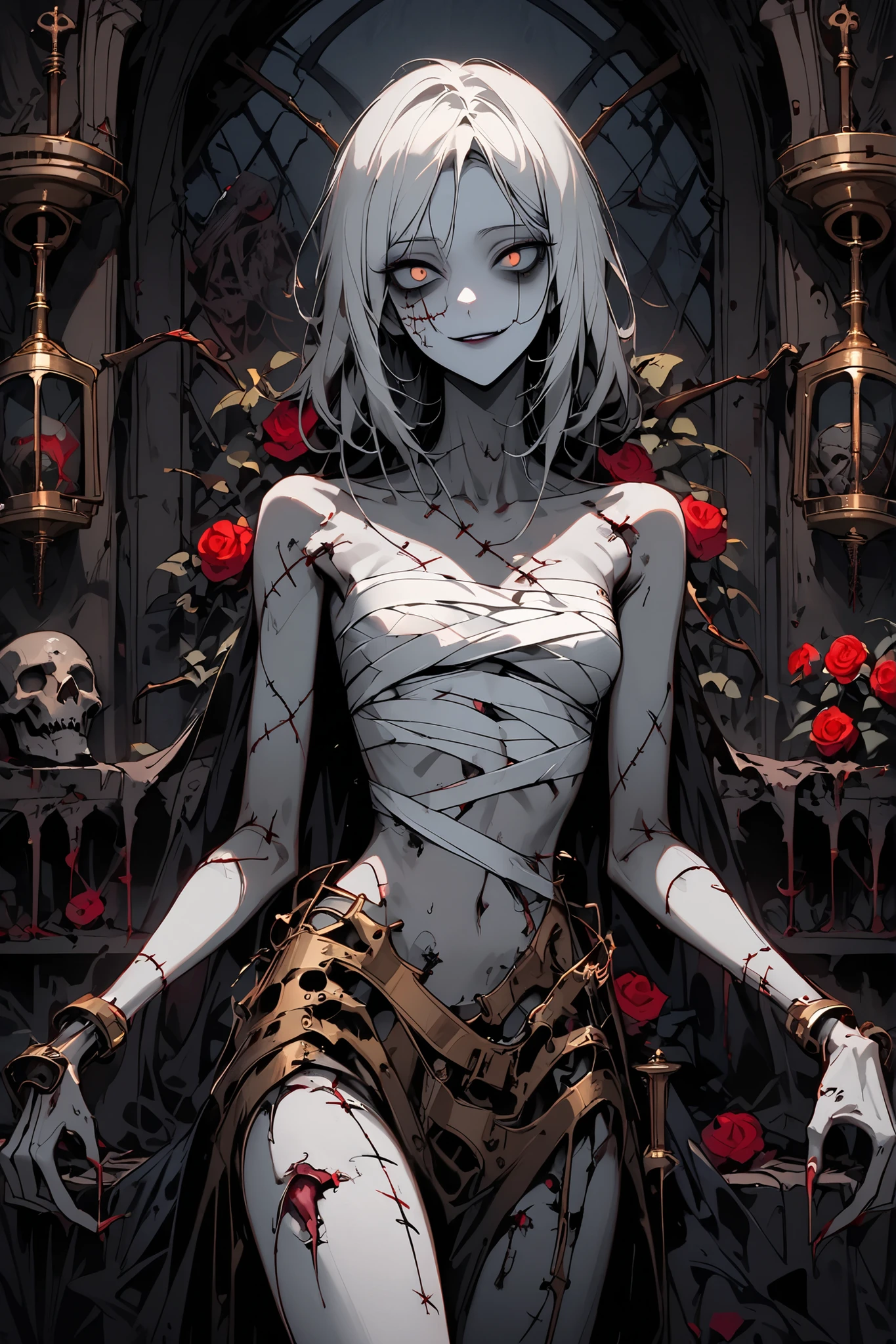 solo, female, grey skin, long white hair, silver brooch, dry body:1.2, empty sockets:1.5, no eyes, decayed body, SFW, smile, curtsey pose, dressed in rags, graceful, ancient, crypt, close up, her skeleton is visible through her skin, gore