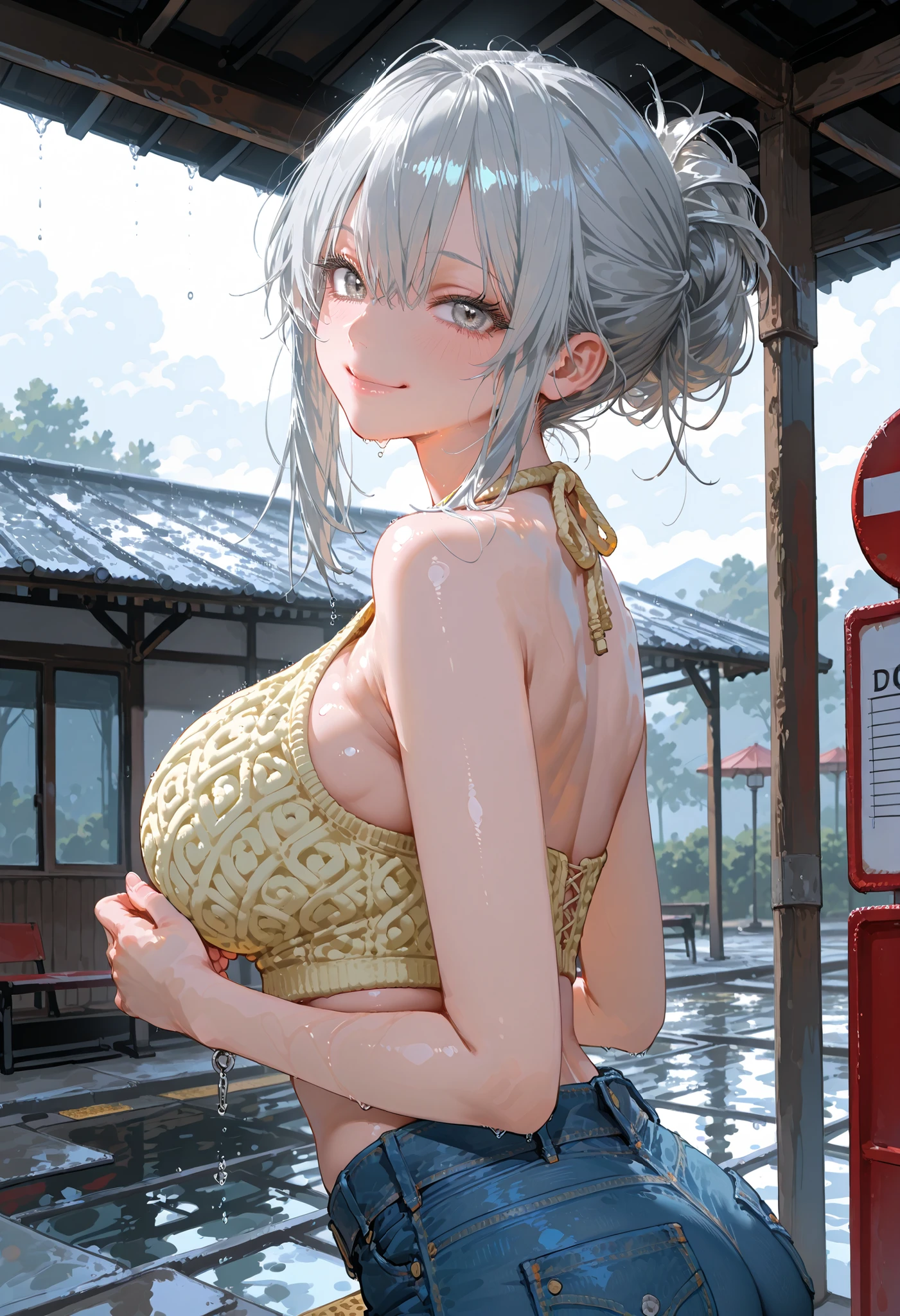 (((Very cute 30 year old extreme exhibitionist girl wearing transparent floral patterned bikini))), ((((gray hair, white, smooth firm skin, no wrinkles)))), (((Big breasts :1.1)) ), ((Cleavage, Exposed breasts, Exposed crotch, Exposed lower abdomen, exhibitionism)), Best Quality, Masterpiece, Very high definition, (Photorealistic:1.4), Raw photo, (perfect body type), (slim: 1.1), Dynamic Pose, Looking at the Audience, Smile, (((full image :0.9))), Solo, Round firm breasts, uniform, on the street, deep shadow, Not distracting, 12000K Cool Light, Beautiful sky detail, Tokyo Street detailed, Highly detailed facial and skin textures, Detailed eyes, Realistic eyes, Beautiful detailed eyes, (Realistic skin), Attractive, very high resolution, very hyperrealistic, Highly detailed, (((exhibition))), ( (he was soaking wet)).