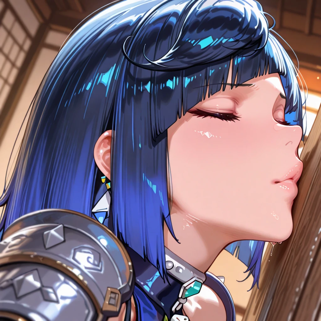啎䥃佄䔀 score_9, score_8_up, score_7_up,1girl,milf, bimbo,helmet, electricity, ponytail,(riverside,,dark_theme,dark_room)pretty face, large breasts, beautiful face, thick body, seductive pose, pinup pose, seductive look, smile, short hair, hair ornament, hair between eyes, blue hair, shirt, bangs, single thighhigh, asymmetrical legwear, lace panties, navel, midriff, living room, couch, pov, on all fours, blowjob, fellatio,