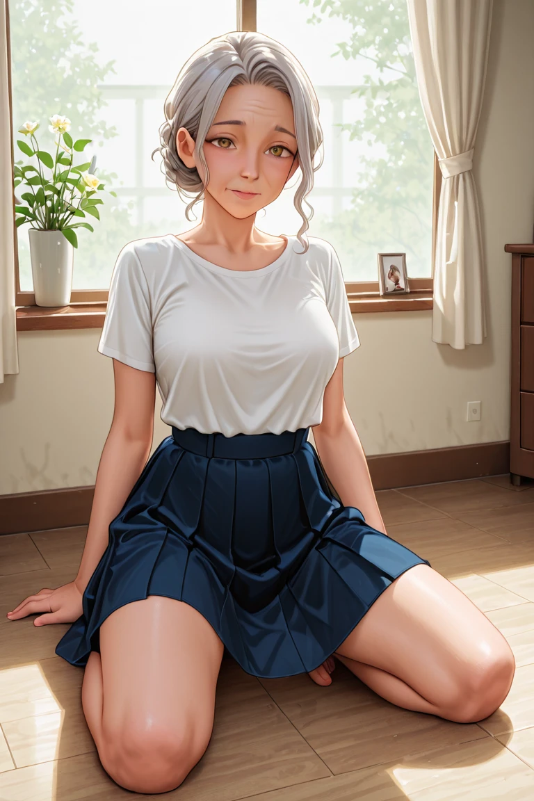 20 year old Japanese woman,(非常にdetailedな肌),Curvy,,美しいBig Breasts,(Big Breasts),Pale skin,Pointed Chest,Erect nipples,(Fantasy art,Best image quality,Hyperrealist portrait,(8k),Ultra-realistic,最high quality, high quality, High resolution, high quality texture,Attention to detail,Beautiful details,detailed,Extremely detailed CG,detailed Texture,Realistic facial expressions,masterpiece,in front,dynamic,bold),(((short pixie cut))),(Very thin hair),(Very soft hair),(Super Straight Hair:1.5),length, sleek bangs,Very light coppery amber hair,Hair in one eye、(((Wearing a white shirt))) (((See-through nipples))) (((Wearing a pleated skirt))) (((Skirt flipped up to expose genitals))) (((No panties on))) (((Exposed genitals))) (((The labia minora are exposed)))(((detailedな性器の描写)))、The lines of the body are clearly visible、(((Depiction of beautiful fingers))) (((Beautiful body depiction))) (((Spread your legs in an M shape))) (((Sit with your legs apart)))、(((Accentuate the crotch)))、(((Exposed genitalsを見せつける)))(((Full body photo)))、(((Low angle photo)))、(((Correct ankle orientation)))(((Correct number of legs))) (((genitals and anus are exposed,,,,)))(((Expressing the spread of the genitals)))(((genitals are wet with body fluids)))