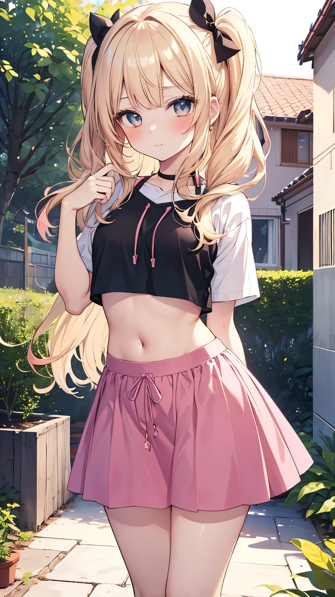 1 girl, mini skirt, Skirt Lift Pose, Cute pink panties, Embarrassed look, Lash Drawstring Crop Top, home garden, Modern House, sunny, Slightly messy wavy hair, Blonde Hair Color Palette Mix Black, My cheeks are a little red, addition_detailed:1
