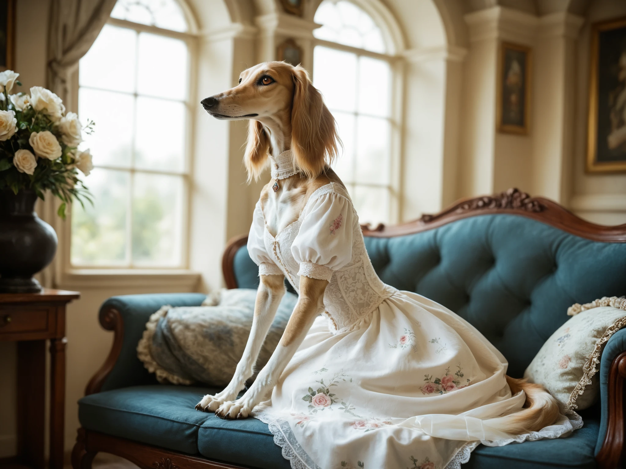 girl sitting in a blue recliner in a white dress stained red, around her are ten saluki sighthounds. Set against a Victorian backdrop that is covered in decaying floral wallpaper. saluki, greyhound, borzoi, sighthound, beautiful eyes, golden eyes, paws