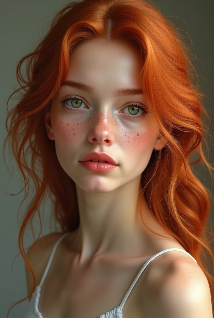 redhead , 3 freckles on each part of her cheeks, slightly round face