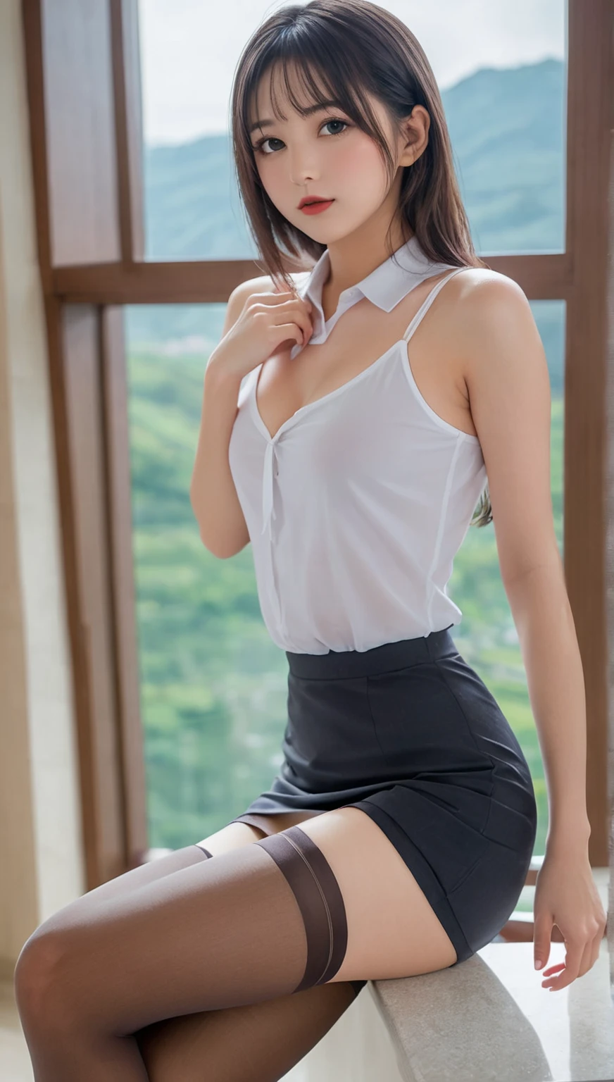 (From the outside) , many color,Best quality at best,8K,real photograph,Delicate skin details,tmasterpiece,photograph of-realistic,Complicated details,RAW photogr,In the plane,ssmile,florals,stewardess,sockes,Extra-long hair,cropped shoulders,delicated face,Hainan Airlines,Flight attendant professional attire,Manteau,a skirt,decorations,Perfect Finger,Dissection is correct,(Huge room,0.8),big cuvy hips,shiny skins,Shooting from front