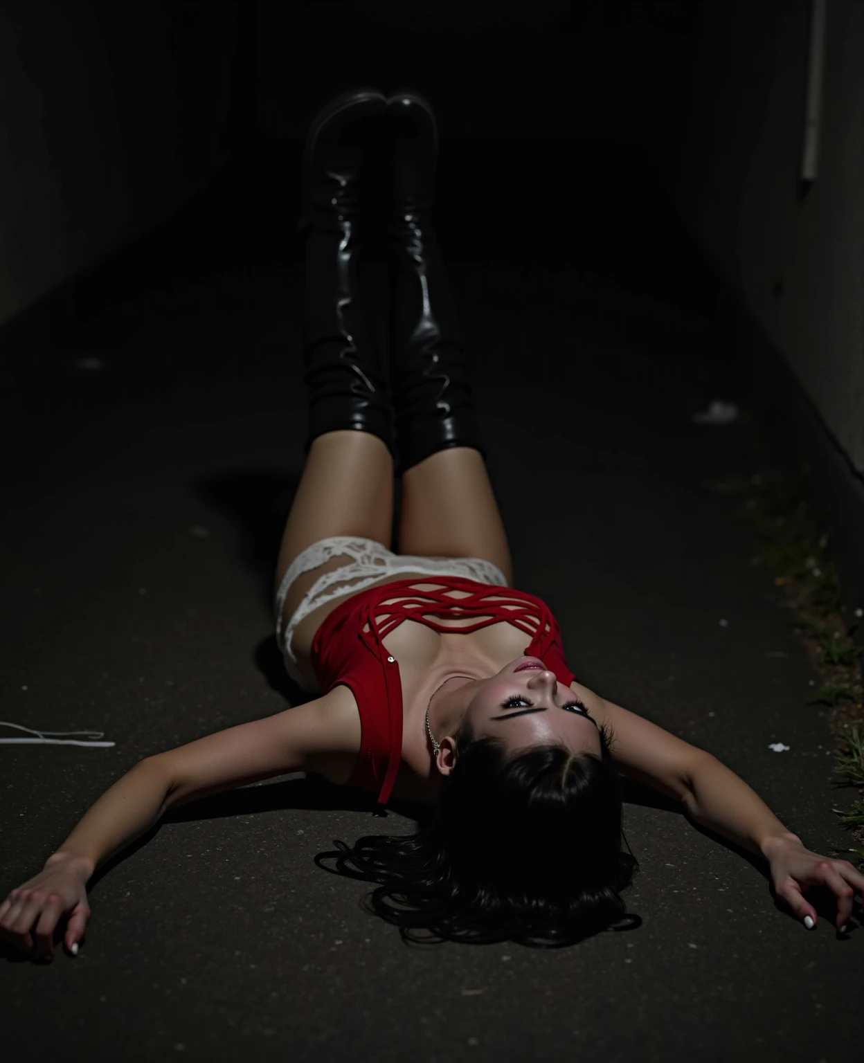 Billie Eilish, (naked 18 year old woman masturbating while lying on the sidewalk with blood on her body, on a parking lot, carnal ) humida, woman sexy, on a sunny street, pale woman covered in blood, soaked woman, the woman's vagina is open, the woman's finger is inserted into the vagina, blood flows from the woman's vagina, realist art, image ultra realistic, beco humida, very realistic, sexy and hot body, in the middle of the street, realism art, photo of sexy movies, bloody, street woman covered in blood, sunshine light