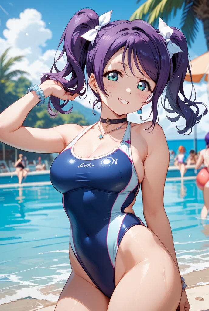Masterpiece ,best quality , high resolution , ultra detail , colorful , soft light , mild light , sunlight , shinny , (perfect fingers , Detailed fingers, perfect hands) , (1 girl solo:1.38) , (Misato katsuragi) , (black eyes, ponytail , purple hair, medium_long_hair, make up, necklace, tall, slim body,) , (navel , belly , narrow waistline , wear one piece swimming suit , water , moisture , thigh strap, head tilt) , (cleavage:1.15) , (big breast:1.13) , (outdoor , beside swimming pool , blue sky) , (standing cowboy shot) , ( full face blush , shy , smile , open mouth) , (face viewer , look at the viewer)