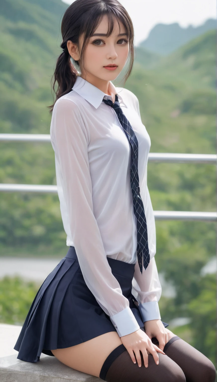 ((Nipples visible through a wet white shirt))、No underwear、Full body view、Long straight black hair、high school student、uniform、sexy、No bra、mini skirt、Japanese、17 years old、