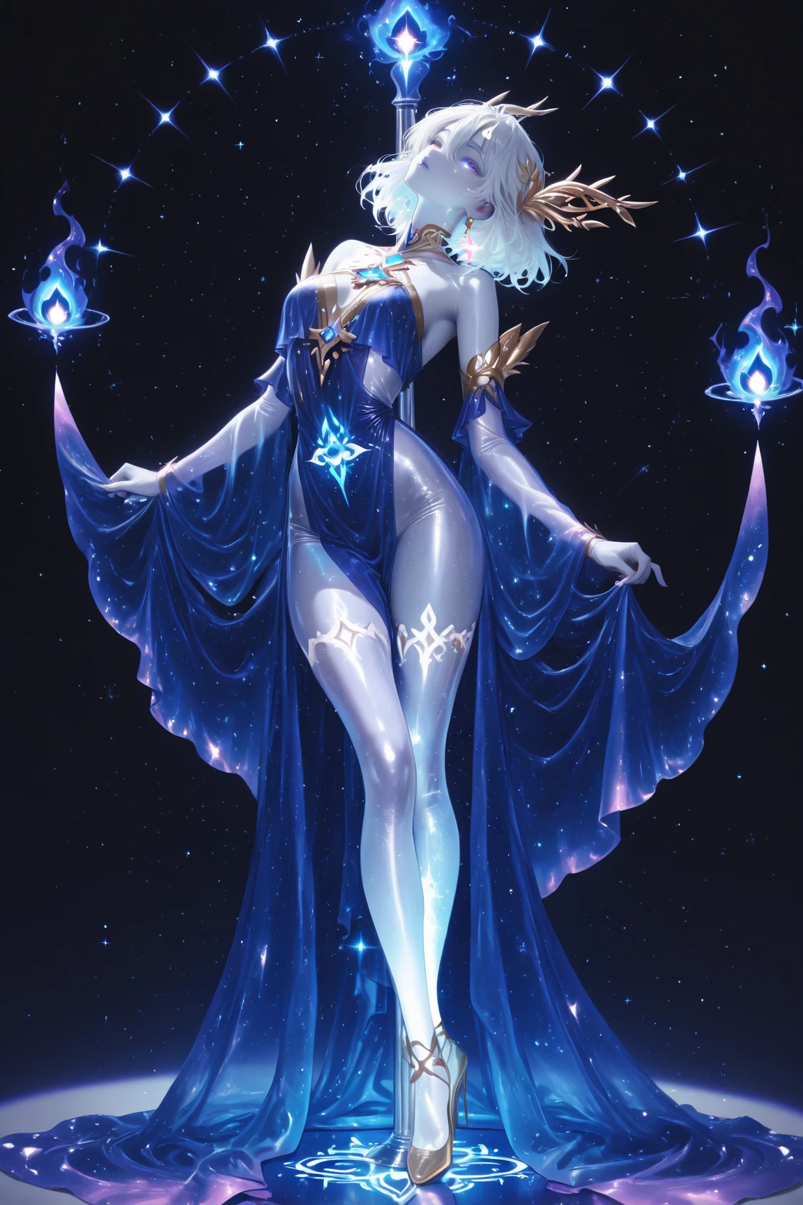 white haired female battlemage with hourglass figure and magical staff in bikini, magical tome floating