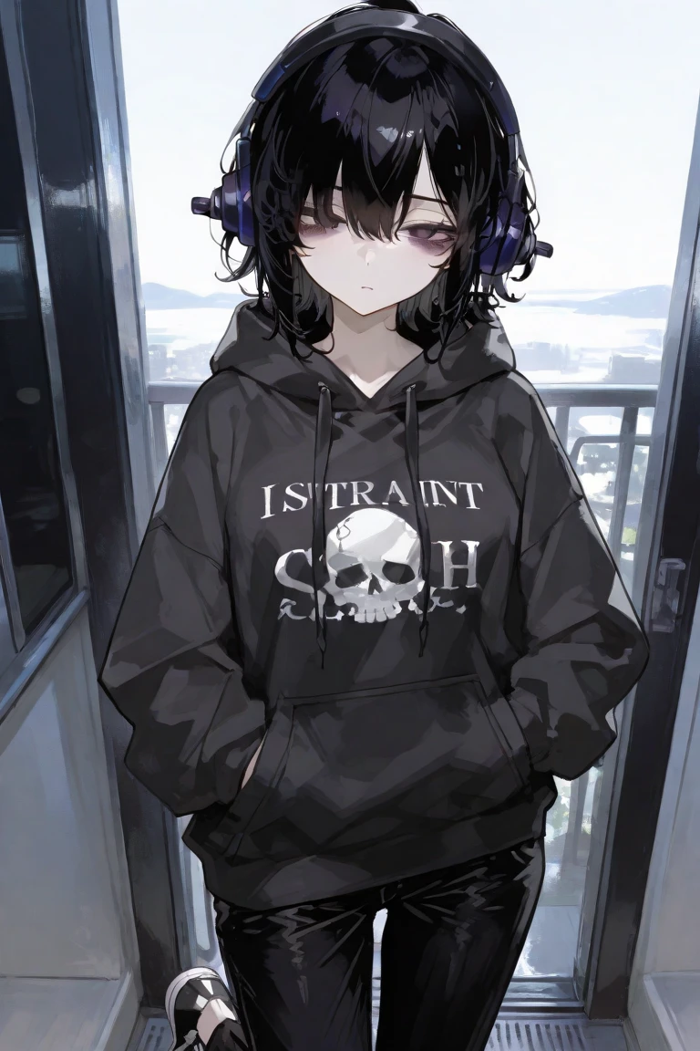 A boy with short hair, bangs that cover the eyes, fluffly, and blushed, de 16 anos, with a big, baggy sweatshirt with a skull print, wearing short shorts, and an effeminate male body, dark blue black hair, cor da pele, pale white Make just one character