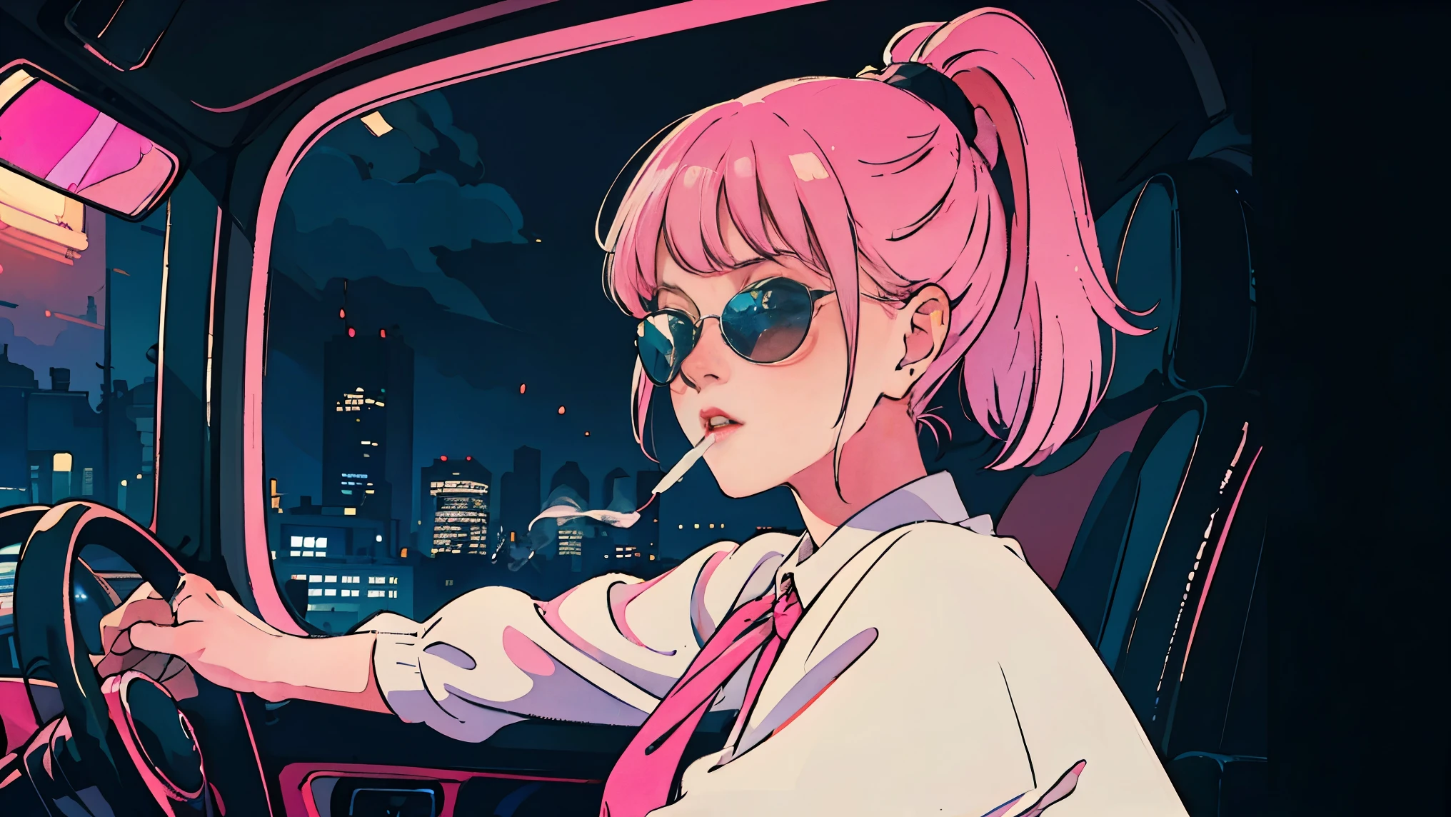 beauty girl with pink hair riding in car at night, through window, perfect face, sunglasses, smoking white tailor-made cigarette, neo-noir, (after backlight correction: 1.1), hard shadow, masterpiece, top quality, , model shoot style, vintage, film grain, perfect details,city pop,ponytail
