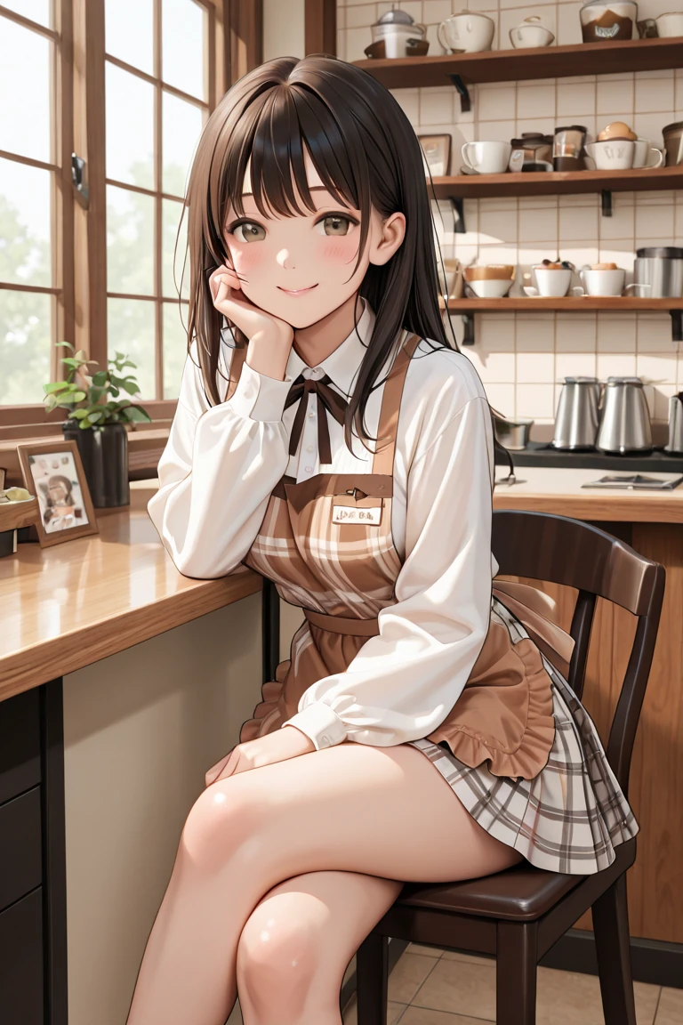 ((A chocolate bar)), with arms and legs, in the shape of a girl, Long brown hair, amber eyes, cup of coffee in hand, kitchen. Short red skirt, red vest over a white shirt. She is standing near a window in which we see early St. Petersburg