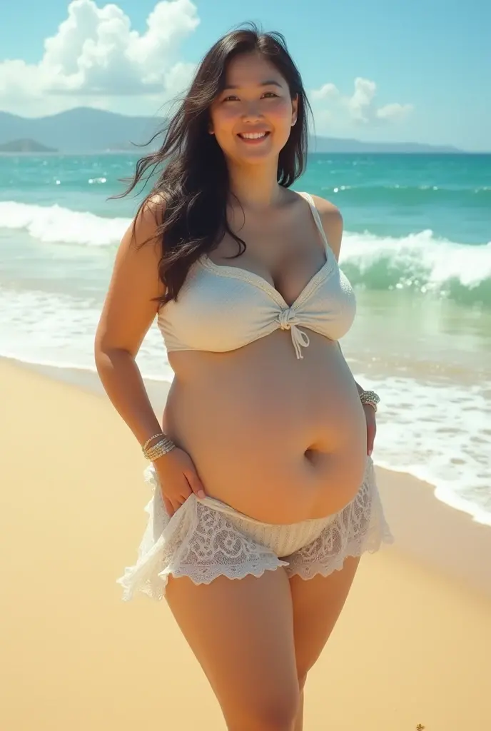 DSLR photo of mature beautiful pretty sexy woman filipina, mother, milf, mom, black swimsuit, long hair in braid, floral pattern, hoop earrings, necklace, brown skin, smiling, full lips, standing, outdoors, sunny, beach, photograph, looking at viewer, facing viewer, busty, (cleavage:1.2), bracelets, charms, beads, arm bands, ((upper hands on head)), ((lower hands on hips)), (four arms), (four hands), wide shoulders, solo,(extraarms:1.2), full subject in frame, full body shot, bare feet, model, modeling, pregnant, pregnant belly