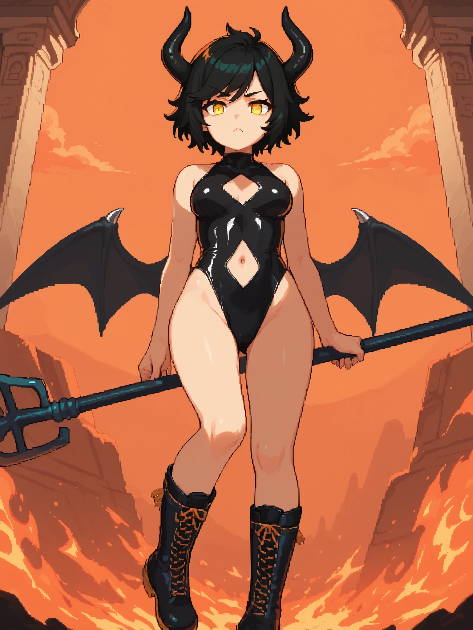 (masterpiece, top quality, best quality, highly detailed:1.2), semi-realistic, 1girl, solo, photo of a sexy succubus posing seductively in a soiled diaper, burning red cave, outdoors, standing, diaper, black diaper, wet diaper, soggy diaper, messed diaper, diaper mess, hypermessing, diaper waistband peek, faded wetness indicator, thigh high metal heels, black hair, red eyes, smirking, golden braclet, goled coller with ruby in the middle, ruby ring, black lipstick, black long metal gauntlets, red skin, wings, horns, dark, fire