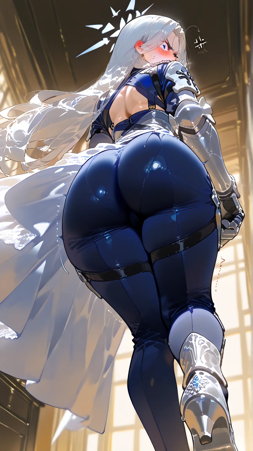 Camera from the sky, Sexy posture, forest, Remains, waterfall, Half naked, nudie, erotica, Camera from below, Frame from below, Shapely legs, 立つ on the edge of the roof, Grey Bob, Grey Hair, Her eyes are covered with bandages, , Short skirt black dress, Black short skirt, skirt covers the buttocks, Chest neckline, White panties, Black Stockings, Black high boots, High heel boots, Very very beautiful, Small and firm ass, Slim figure, full length(Bodyful 1.1),Game nier automata, City in Ruins, City, overgrown with plants, Remains, Official illustrations with attention to detail, ((Beautiful Fantasy Girl)), BREAK (Master Parts: 1.2), Highest quality, High resolution, Photorealistic, Photogenic, unity 8k wallpaper, (Illustration: 0.8),  Highly detailed face, Flawless Lighting, Highly detailed CGI , (Flawless arms, Flawless Anatomy), Flawless Chest, Beautiful Face, Master Studies, Intricate details, Realistic details, アニメ, (Based on Nier Automata) Flawless body, Flawless, Flawless Detail, ultra HD |, 8k, Professional photos, アニメスタイル2B,Cinema Lighting