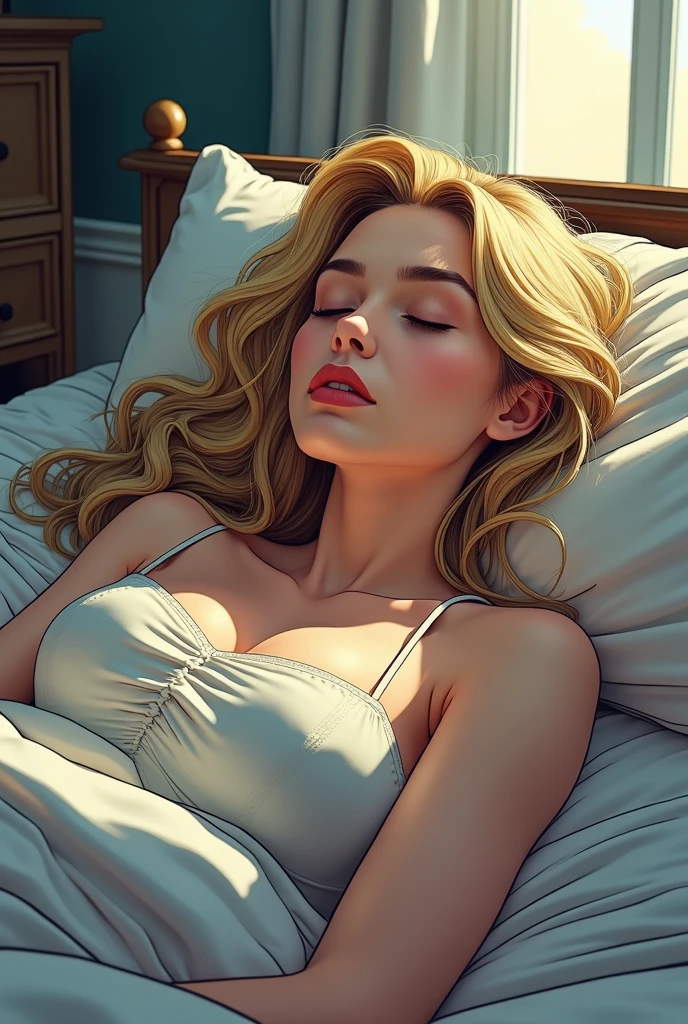 watercolor painting of a lady lying in her bed, long wavy golden hair, beautiful, attractive, pretty, smooth, sharp, ultra detailed, delicate, 8k, soft lighting, intricately detailed