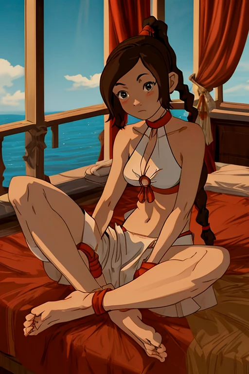 [Ty Lee_(Avatar_the_Last_Airbender)], ((masterpiece:1.4)), ((high res:1.4)), ((High definition)), ((detailed shading)), ((beautiful solo portrait)), ((full body)), ((anime girl)), (beautiful 3D art)), {attractive; (brown hair; long braided ponytail), (beautiful brown eyes), (happy smile), curvaceous hips, beautiful lips, abs, large boobs, (detailed leg muscles), (beautiful feet), (barefoot), (camel toe)}, {white bikini, red spandex shorts}, {(sitting on beach towel), (crossed legs)}, [background; beautiful beach, sunny]