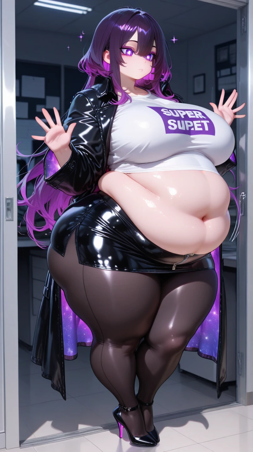 Sexy busty woman wearing (big diaper) magical, colorful, detailed, surprised, happpy, huge inflated breasts, wide hips, seductive, ((mommydom)), bokeh, (latex), cleavage, fishnets, goth, ahego, white teeth, big eyes, rainbow hair, ((huge inflated diaper))