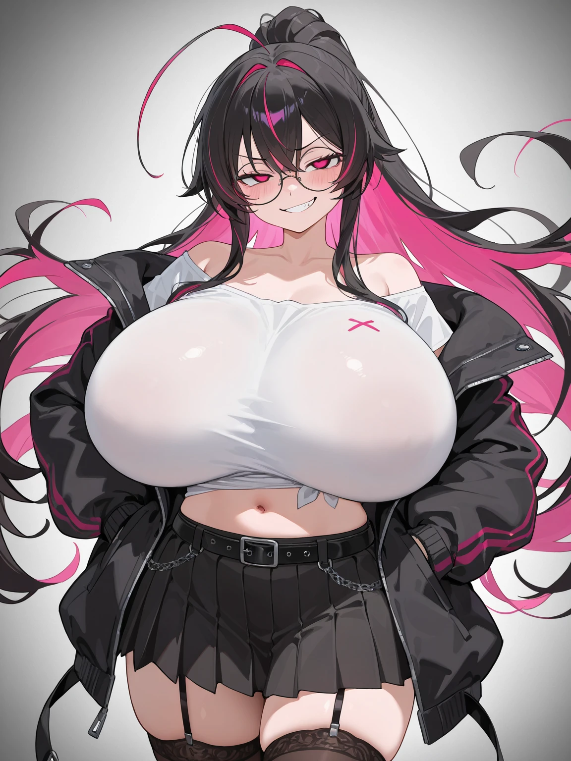 big lips, black and pink hair, pink eyes, cara japonesa Ahegao, improve, improve grin, two sides up, huge , Wide hips, sexy, diled, room, Hits, Ahegao, kawaii, mini skirt Lewd, LewdOD, miewd costume, minid shirt, choker, mLewd skirt, mini Lewd shirvel piercing,ropaerior Lewd,huge breasts,hand holding , m,torn blacings,use glasses,tanga a un lado,posición vertical a horcajadas