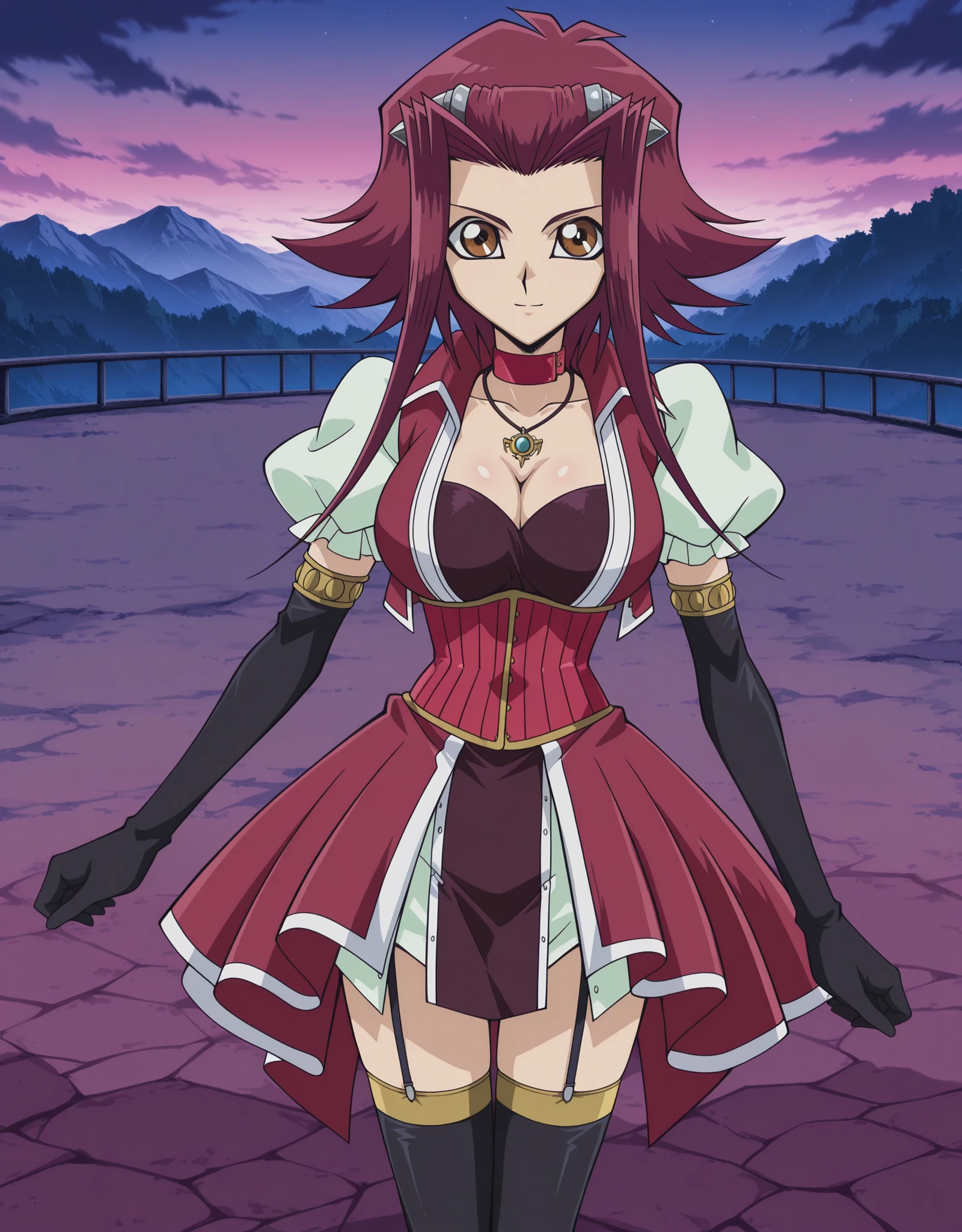 blurry, blurry background,1girl,persiaw,solo,red eyes,red hair,long hair,twintails,bangs,dress,corset,skirt,belt,pink footwear,socks,shoes,choker,sexy thighs,posing,outdoors,cave,cowboy shot, dutch angle