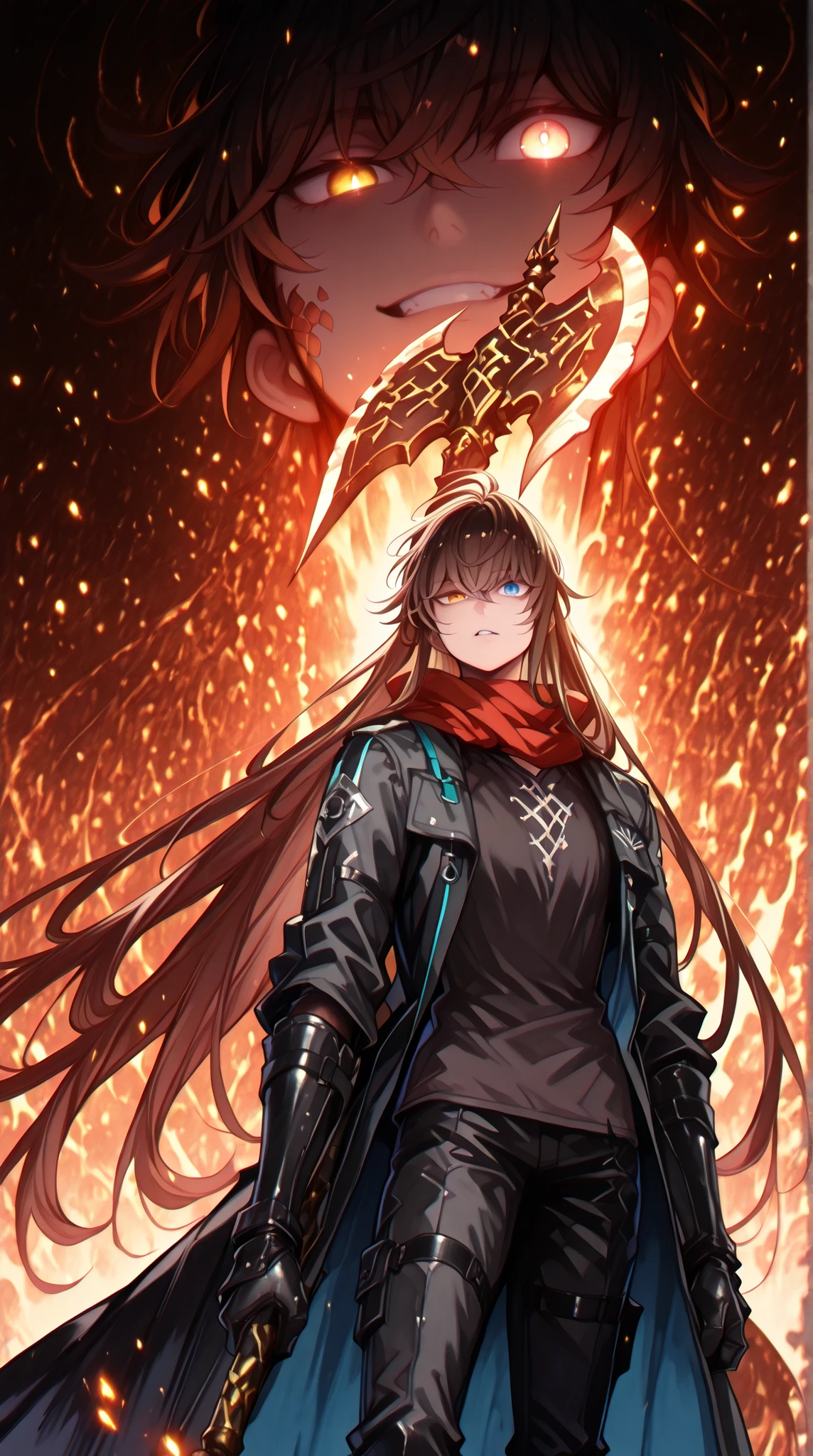 alone, 1 boy, character 1.50 meters tall, young and short character, with the male body of Eugene Lionheart from "The Cursed Reincarnation", male character;
shiny brown hair, the character's hairstyle must match that of Miquella from "Elden Ring", long bangs;
the character's face must be the same as Eugene Lionheart from "The Cursed Reincarnation", marked heterochromia (one eye blue, the other scales golden) eyes, provocative face, provocative smile, perfect and beautiful face;
perfect anatomy, Black Military Tactical Clothing, tight to the body with golden details, Lucifer/Lucio style from Granblue Fantasy (military tactical black), exposed arms, short body, exposed arms and shoulders, Dusk's black coat from the character "arknights", coat falling over the arms, red scarf around the neck, large scarf with long ends;
holding a giant black battle axe, axe blade longer than the character's height, black blade;
black background, attack stance (holding a giant black battle axe, axe blade longer than the character's height, black blade), Black Military Tactical Outfit, fitted with gold details, Lucifer/Lucio style from Granblue Fantasy (military tactical black), exposed arms, short body, exposed arms and shoulders, Dusk's black coat from the character "arknights", coat falling down his arms;
flashy pose, looking at the viewer, provocative smile, confident, is a young boy, male character, similar in height to Eugene Lionheart from "The Reincarnation", Dusk's black coat from the character "Arknighst" falling down his arms;